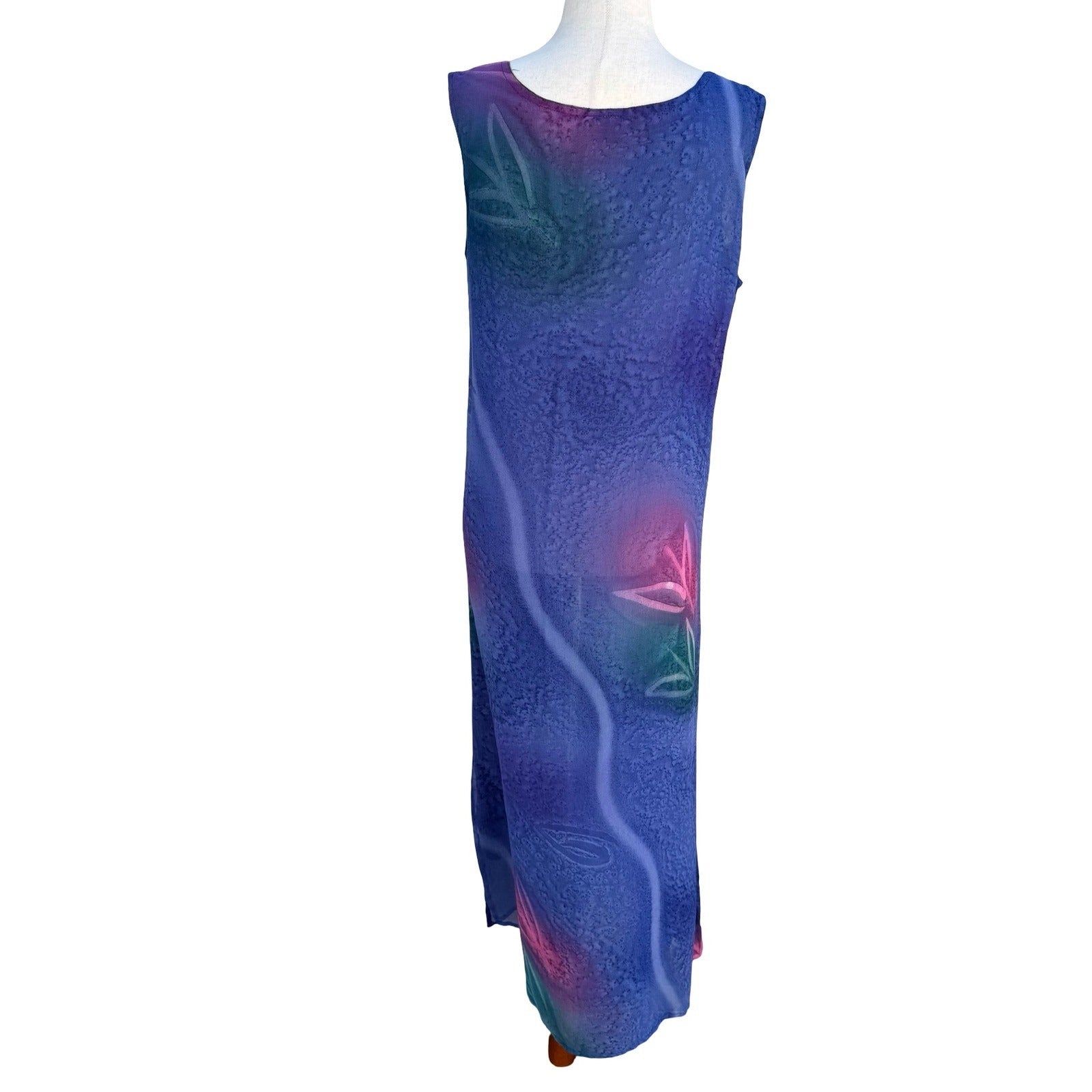 Magic Vintage Art To Wear Blue Batik Hand Painted Abstract Floral Maxi Dress M