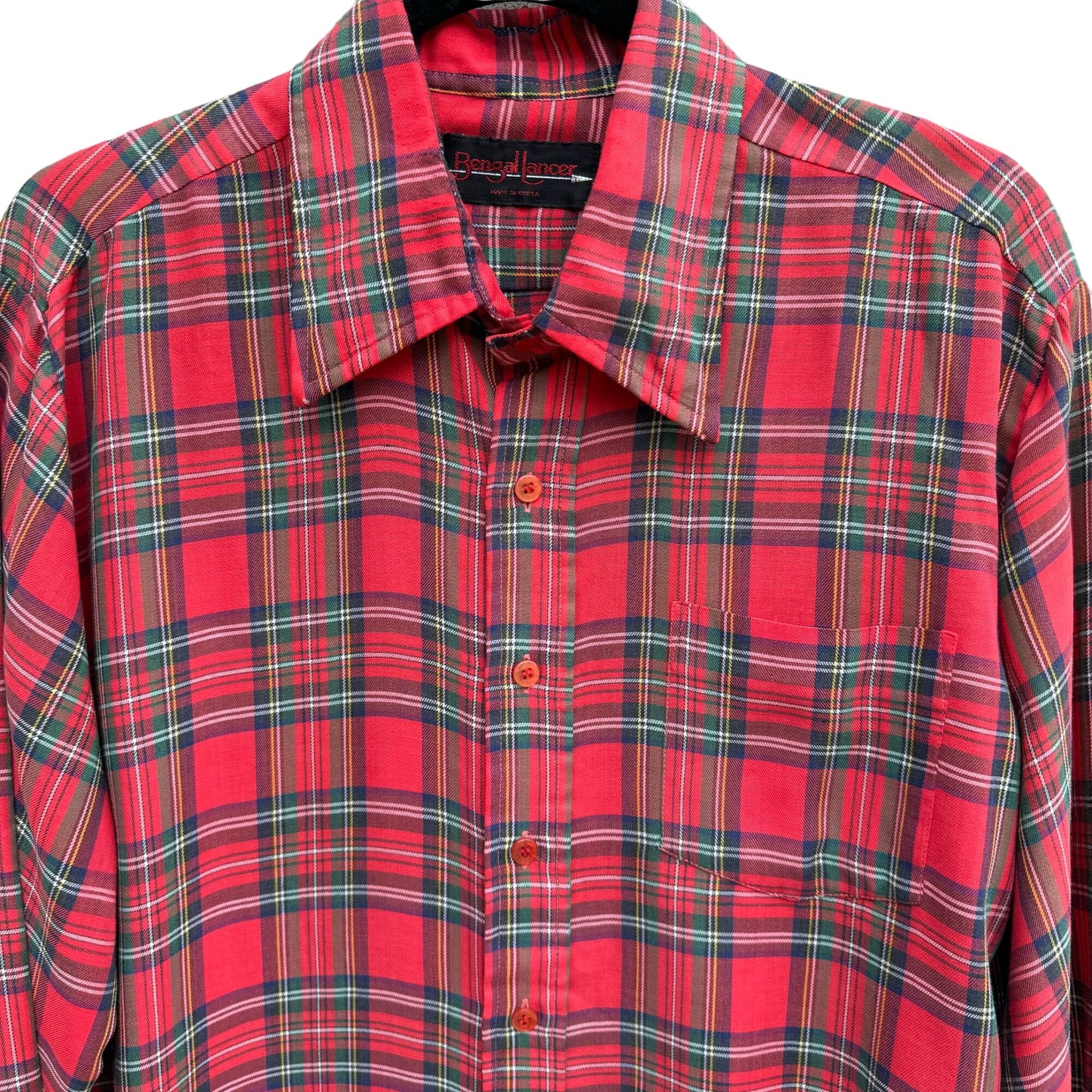 Bengal Lancer Vintage 80s Men's Red Green Plaid Long Sleeve Button-Up Shirt - L