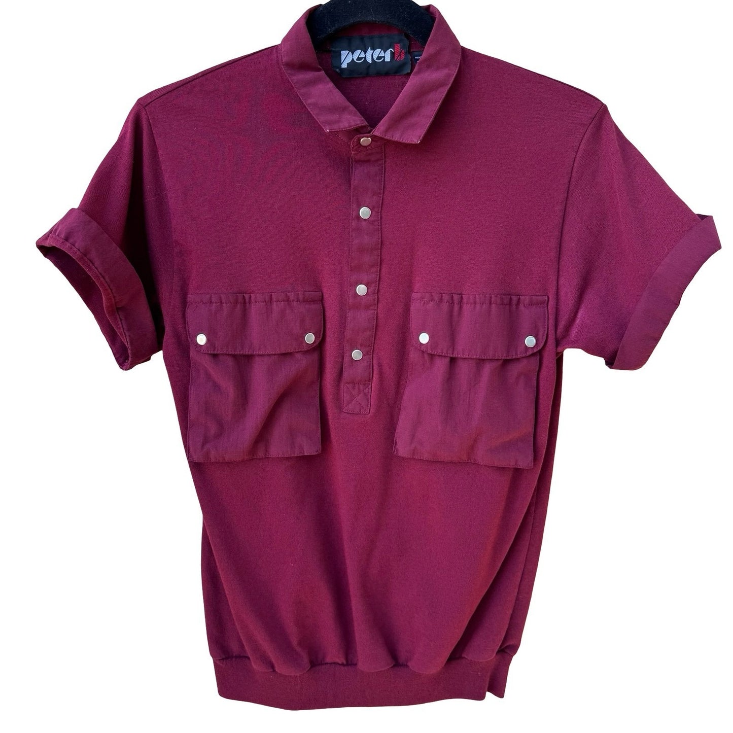 Peter B Vintage 70s Burgundy Utility Polo Shirt Cargo Pockets Banded Hem Small