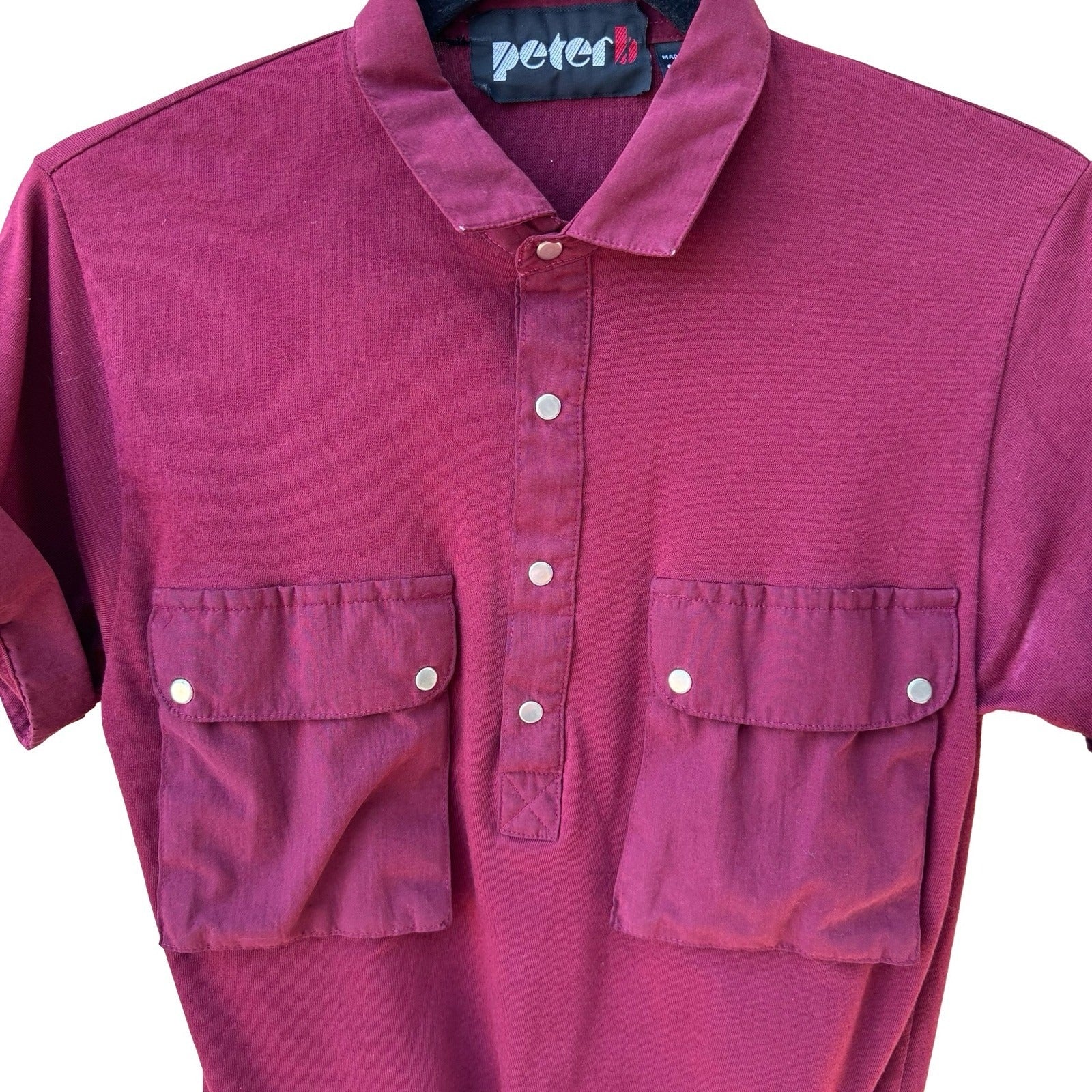 Peter B Vintage 70s Burgundy Utility Polo Shirt Cargo Pockets Banded Hem Small