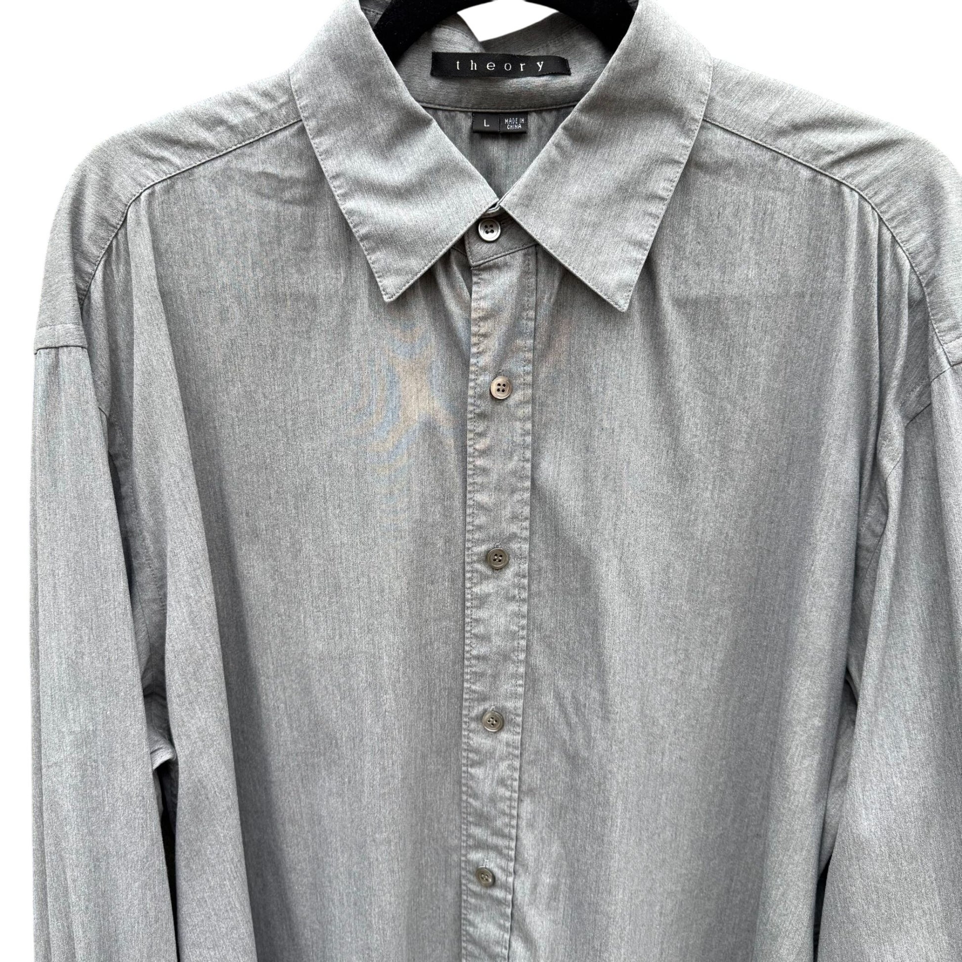 Theory Patrick Gray Chambray Button Up French Cuff Relaxed Fit Designer Shirt L