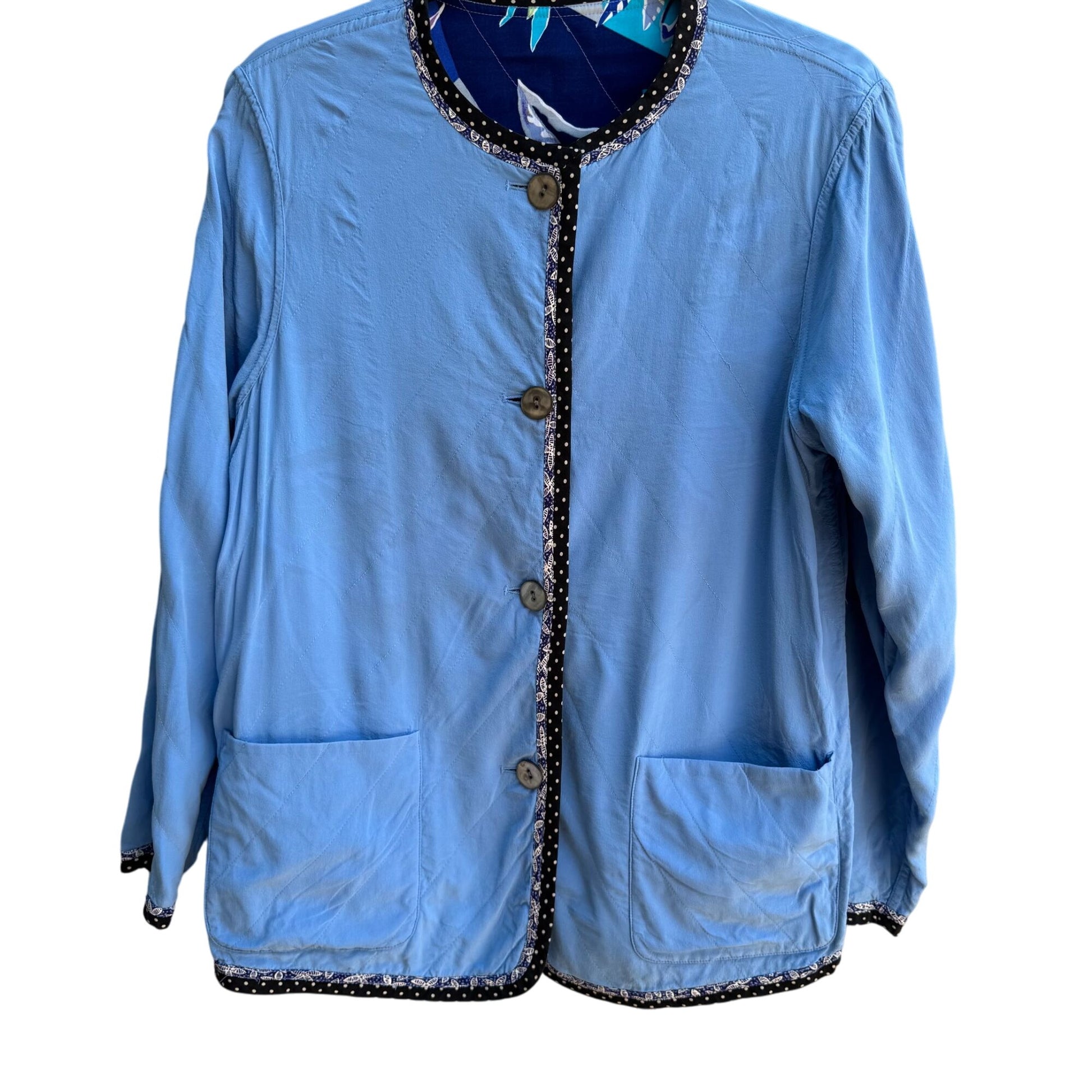 Koos Of Course Vintage Womens Reversible Blue Floral Silk Button Jacket Blazer S