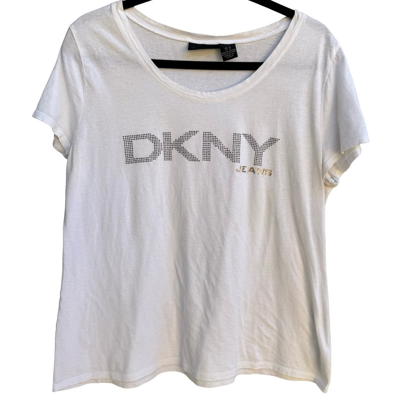 DKNY Jeans Y2K McBling Rhinestone Logo Scoop Neck Graphic Shirt White Womens XL