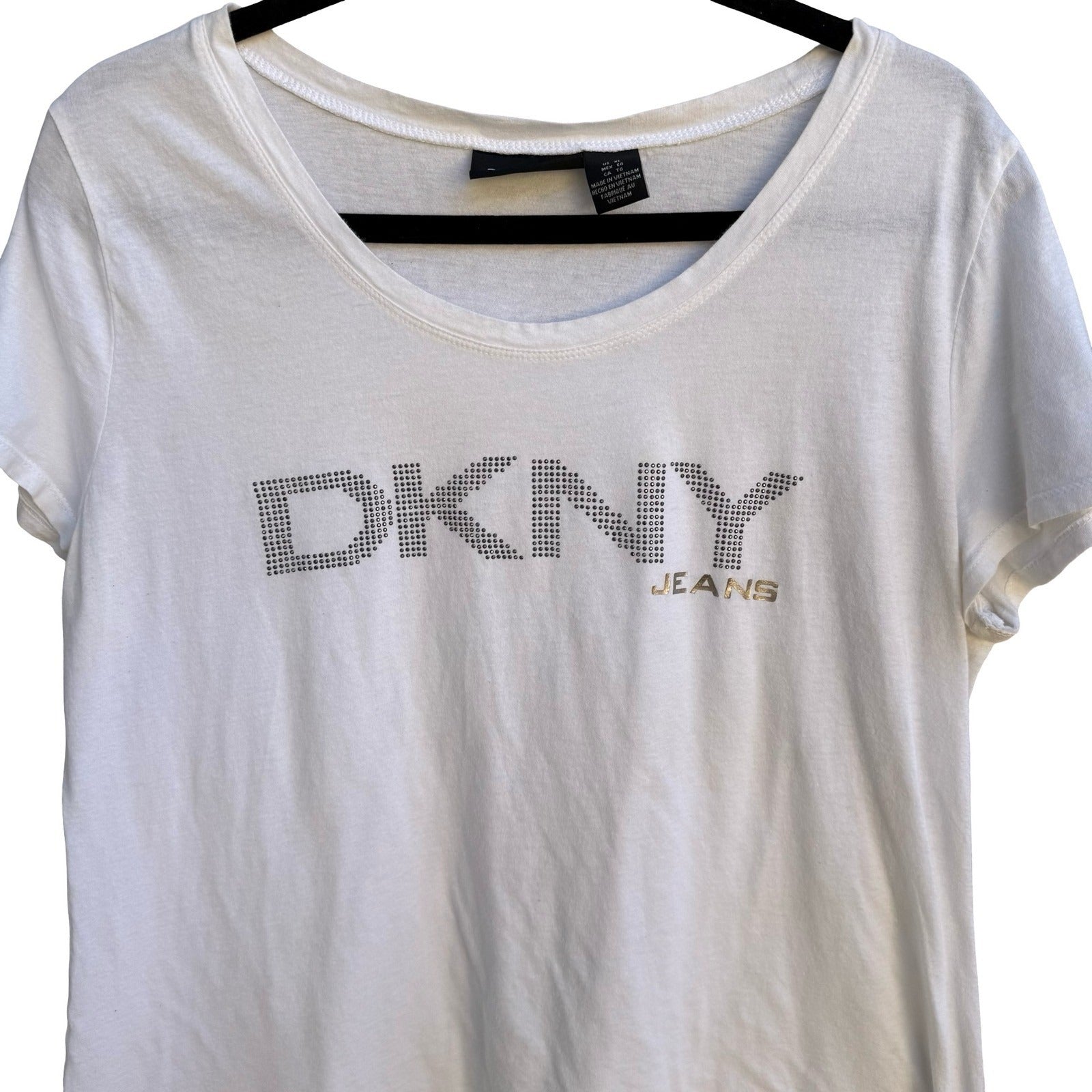 DKNY Jeans Y2K McBling Rhinestone Logo Scoop Neck Graphic Shirt White Womens XL