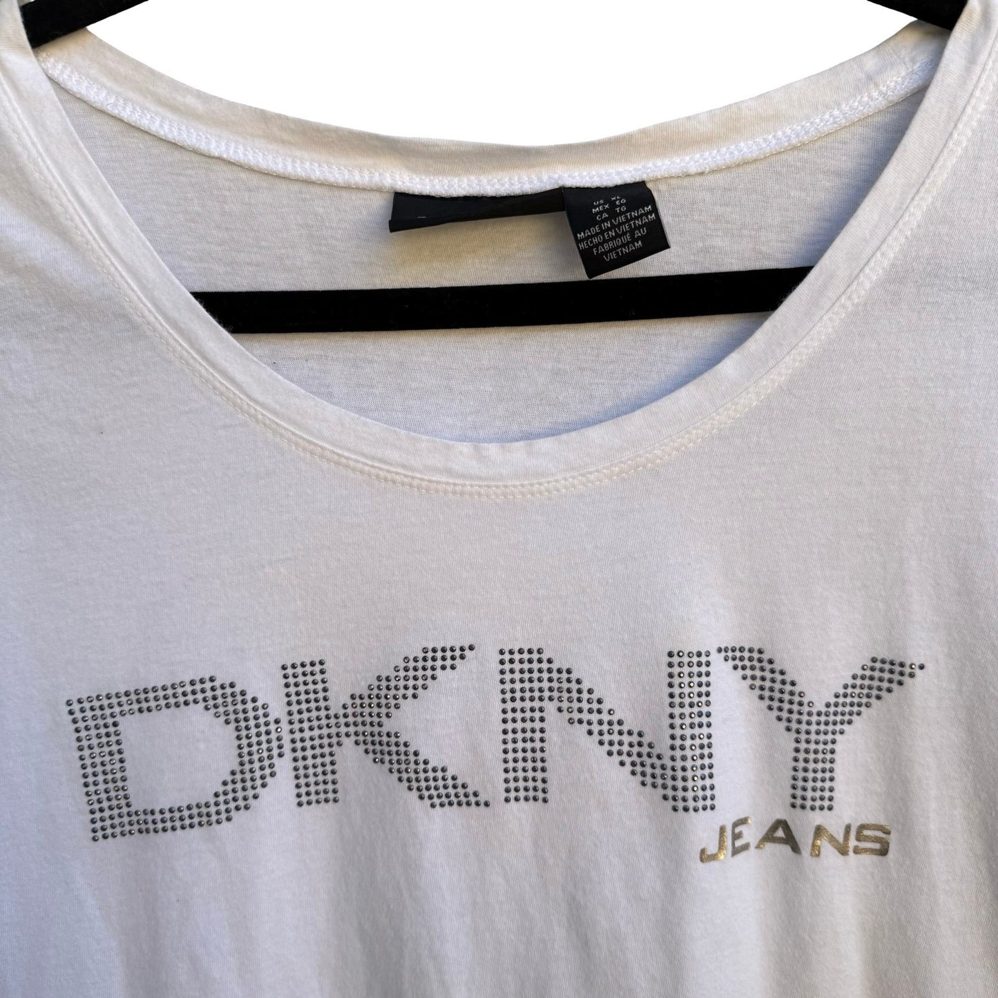 DKNY Jeans Y2K McBling Rhinestone Logo Scoop Neck Graphic Shirt White Womens XL