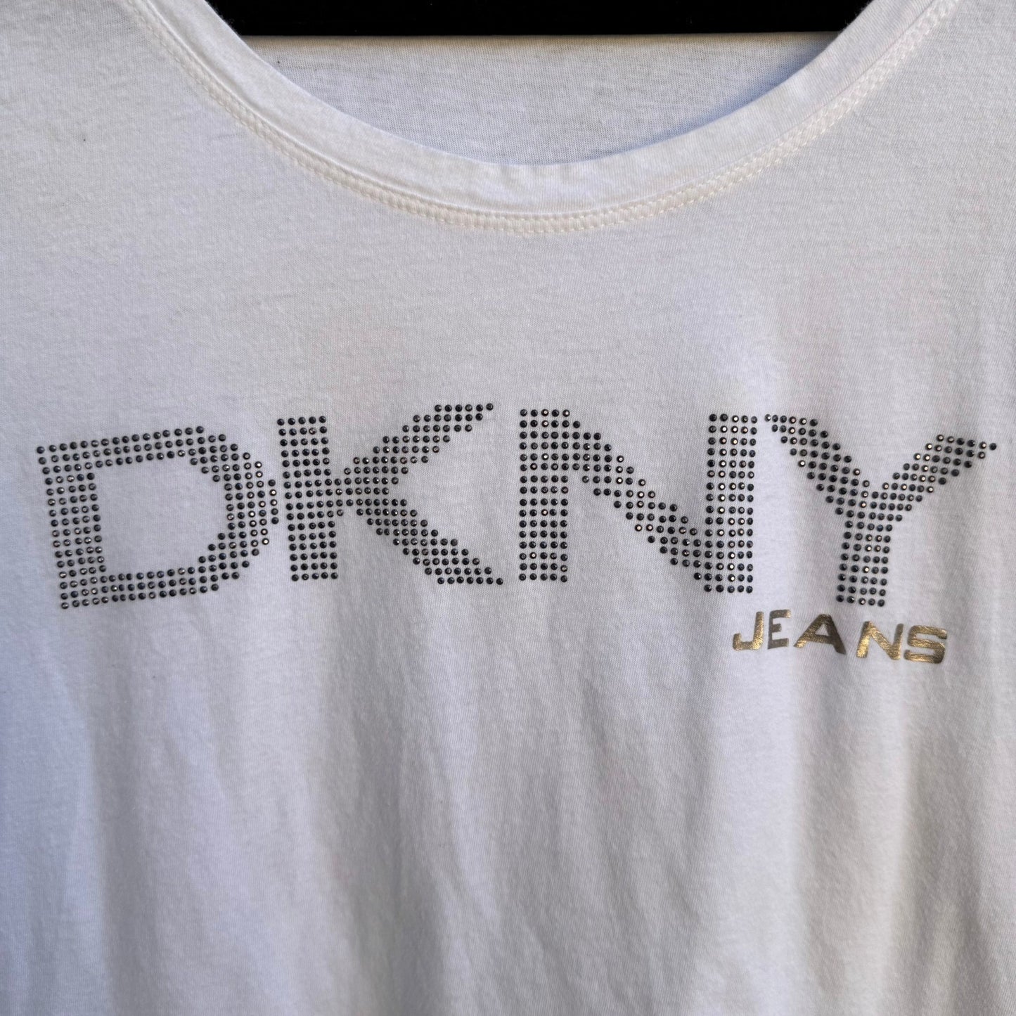 DKNY Jeans Y2K McBling Rhinestone Logo Scoop Neck Graphic Shirt White Womens XL