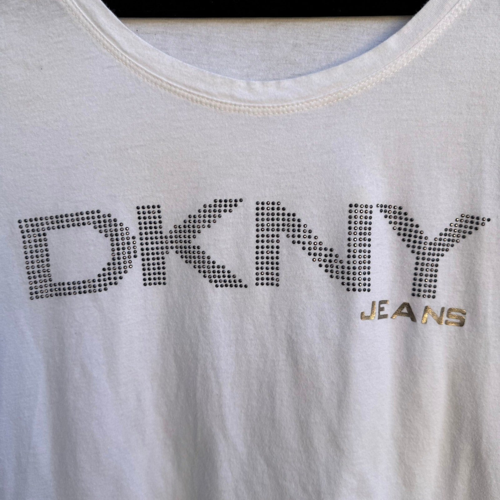 DKNY Jeans Y2K McBling Rhinestone Logo Scoop Neck Graphic Shirt White Womens XL
