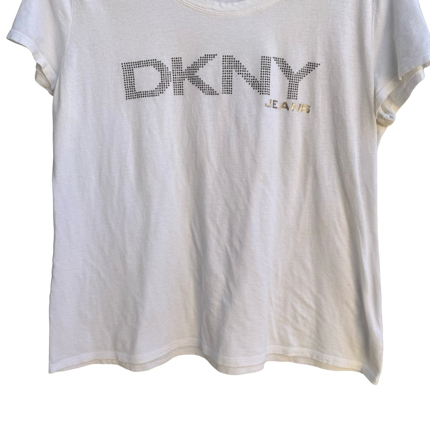 DKNY Jeans Y2K McBling Rhinestone Logo Scoop Neck Graphic Shirt White Womens XL