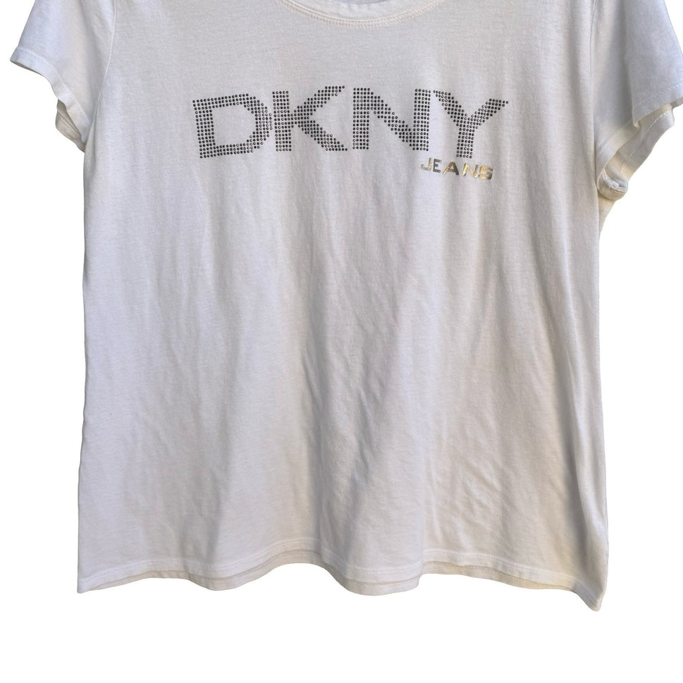 DKNY Jeans Y2K McBling Rhinestone Logo Scoop Neck Graphic Shirt White Womens XL