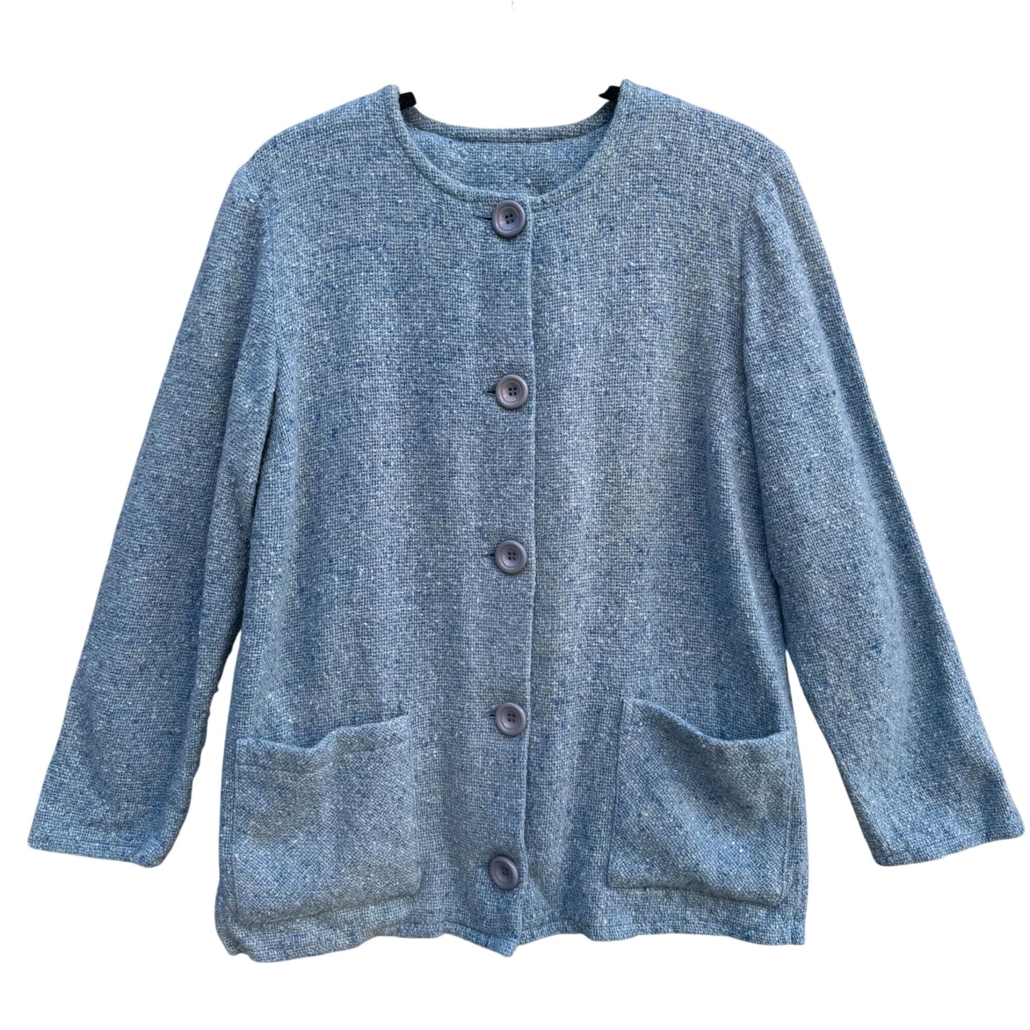 Boyne Valley Weavers Handcrafted Womens Blue Tweed Wool Button-Up Jacket Pockets M