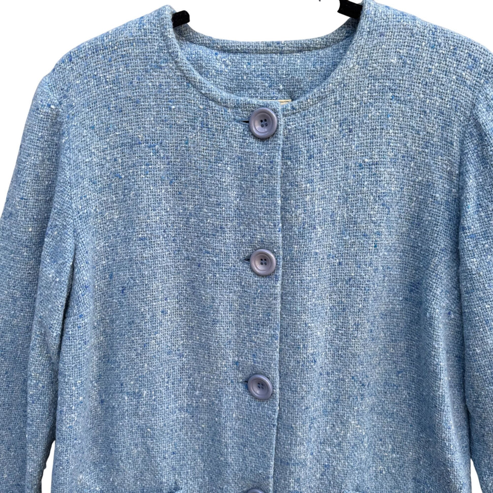 Boyne Valley Weavers Handcrafted Womens Blue Tweed Wool Button-Up Jacket Pockets M