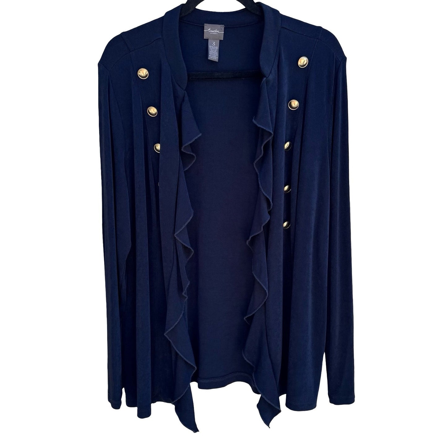 Chicos Travelers Nautical Navy Ruffle Open Front Cardigan Slinky Knit Womens XL
