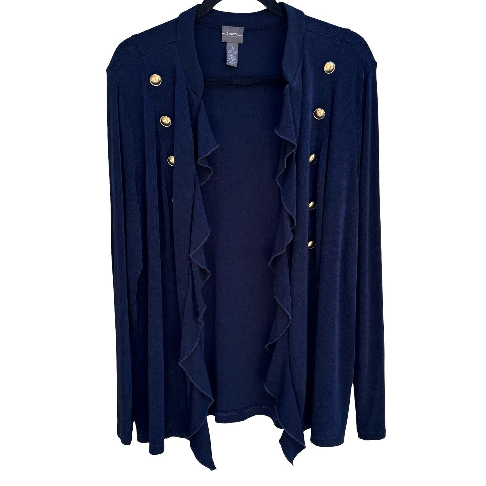Chicos Travelers Nautical Navy Ruffle Open Front Cardigan Slinky Knit Womens XL