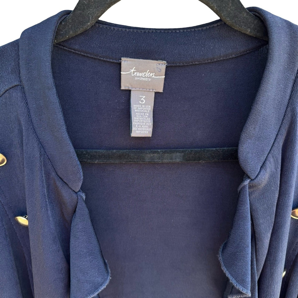 Chicos Travelers Nautical Navy Ruffle Open Front Cardigan Slinky Knit Womens XL
