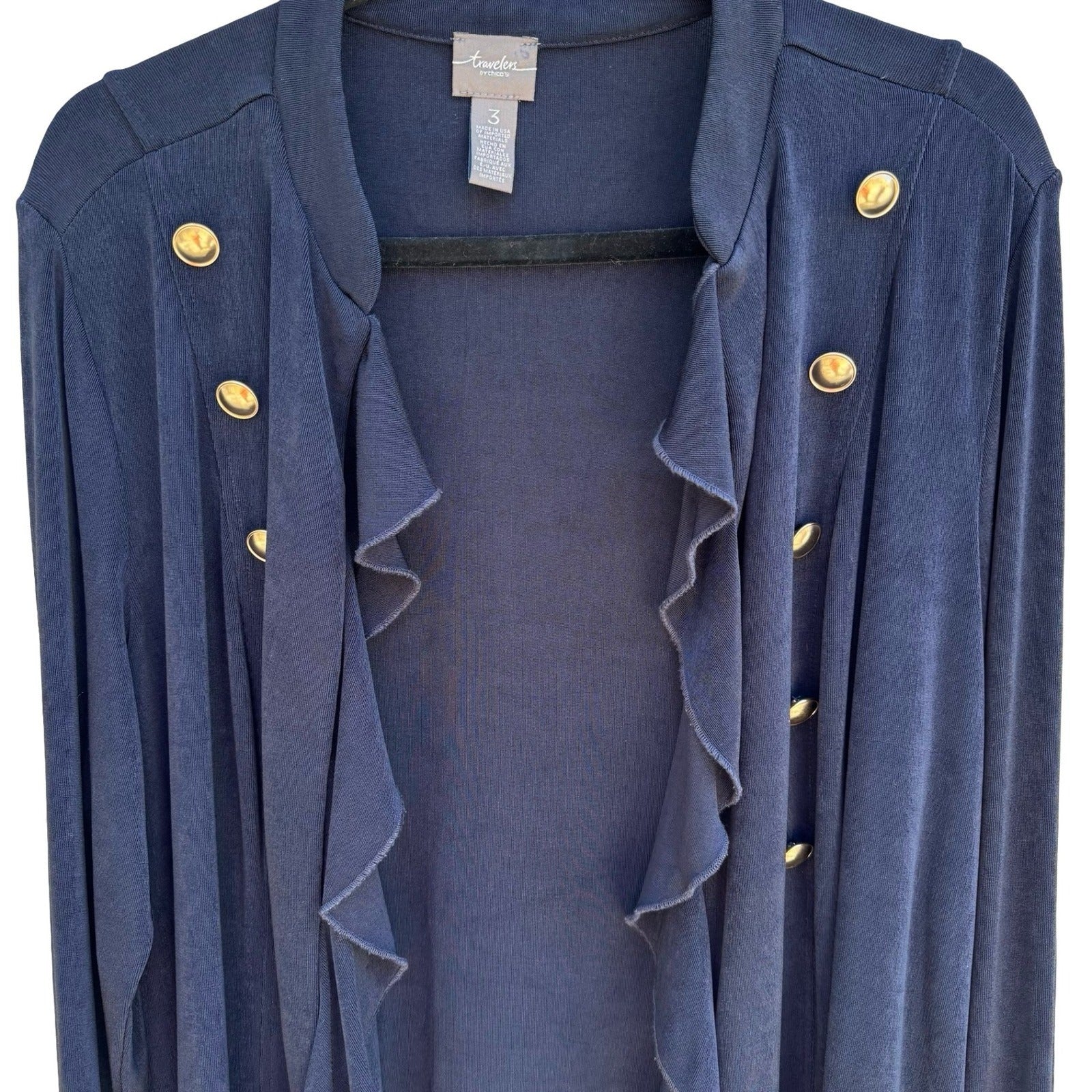 Chicos Travelers Nautical Navy Ruffle Open Front Cardigan Slinky Knit Womens XL