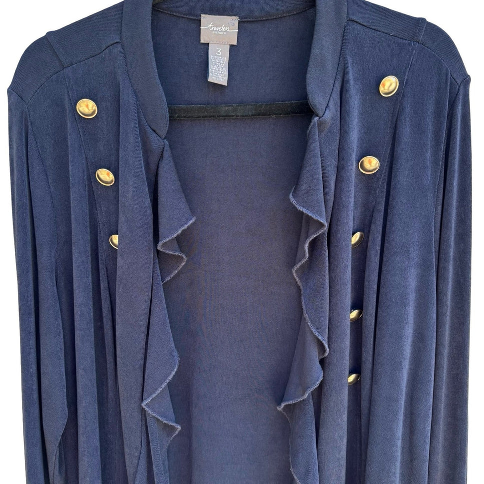 Chicos Travelers Nautical Navy Ruffle Open Front Cardigan Slinky Knit Womens XL