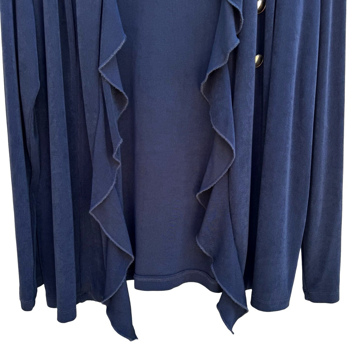 Chicos Travelers Nautical Navy Ruffle Open Front Cardigan Slinky Knit Womens XL