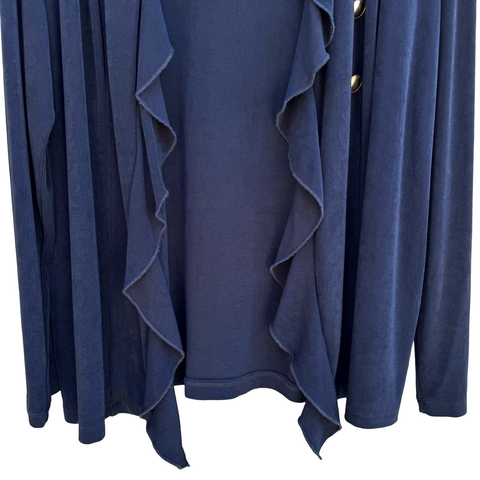 Chicos Travelers Nautical Navy Ruffle Open Front Cardigan Slinky Knit Womens XL