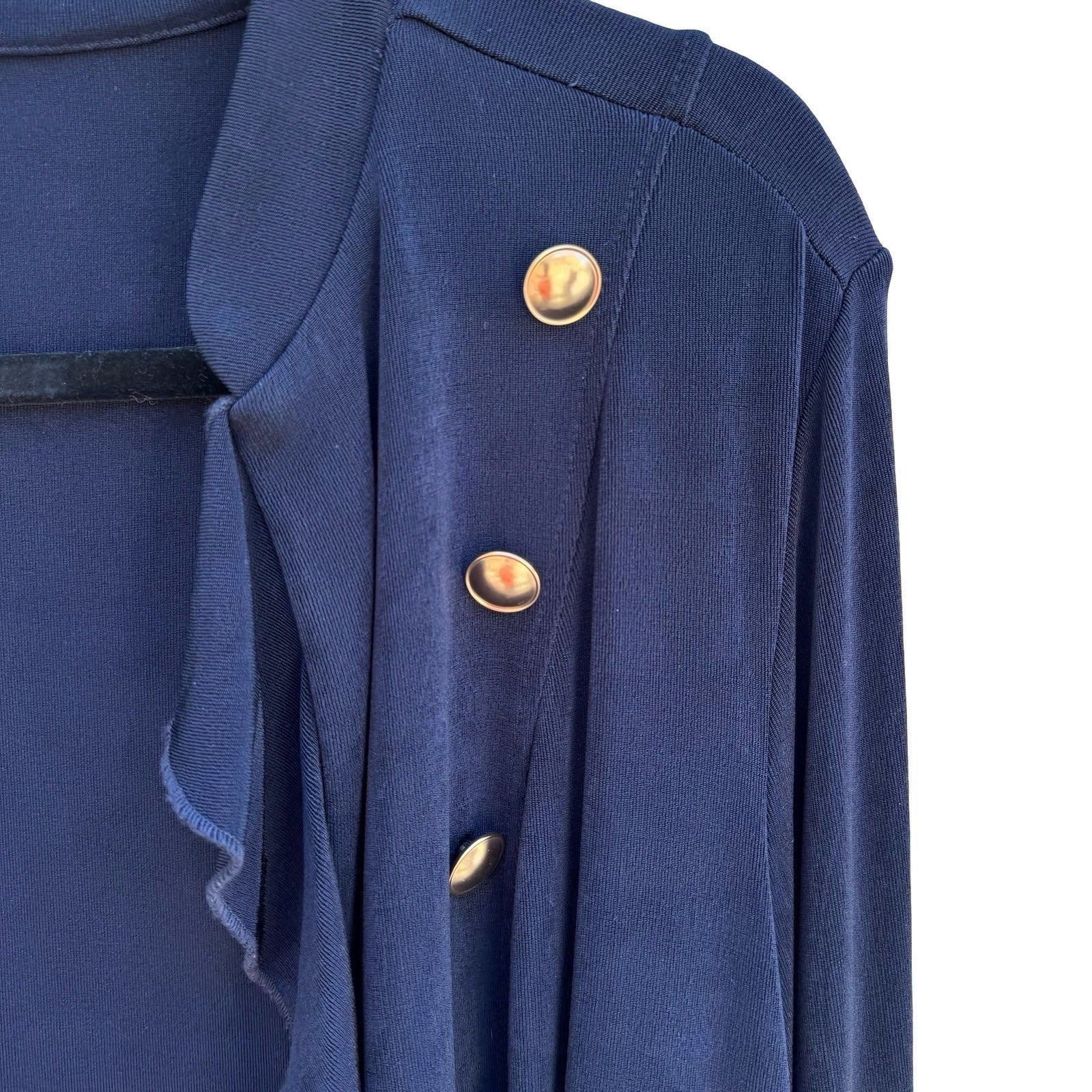Chicos Travelers Nautical Navy Ruffle Open Front Cardigan Slinky Knit Womens XL