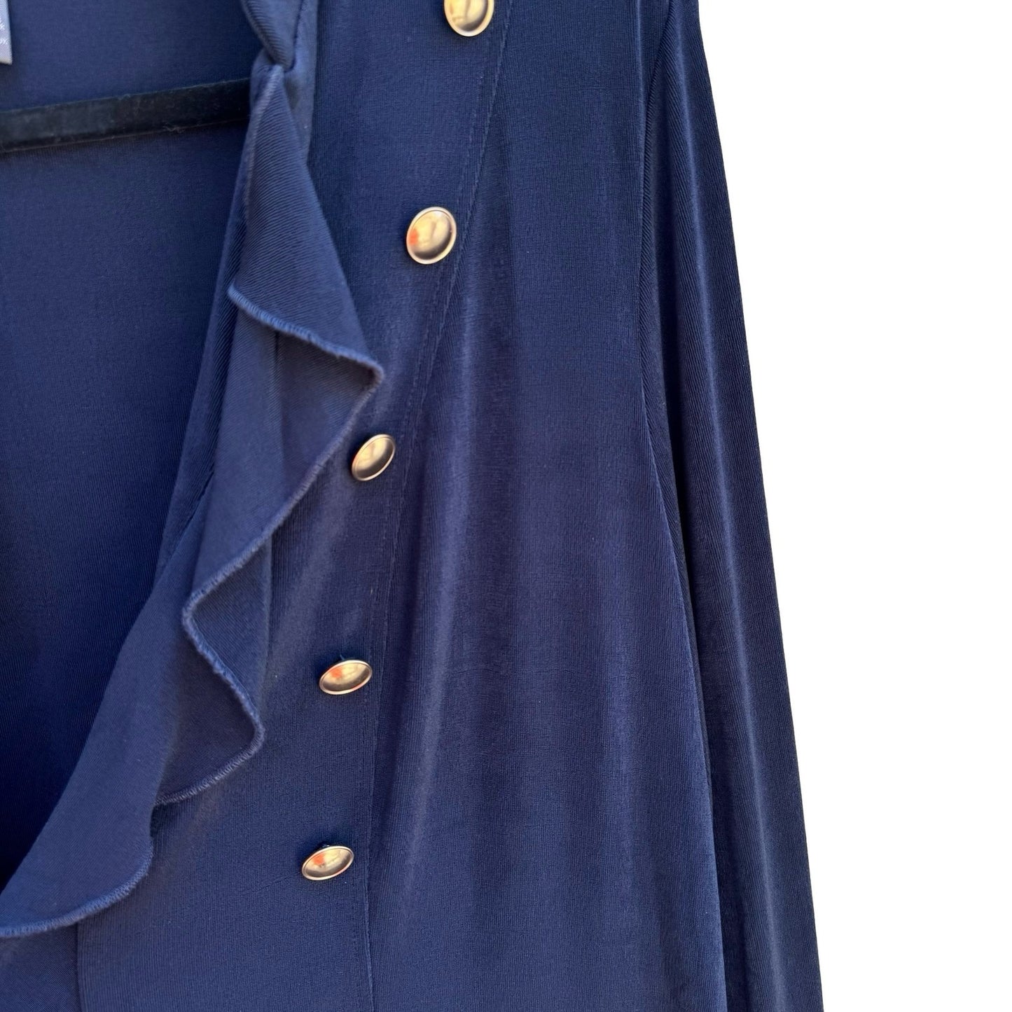 Chicos Travelers Nautical Navy Ruffle Open Front Cardigan Slinky Knit Womens XL