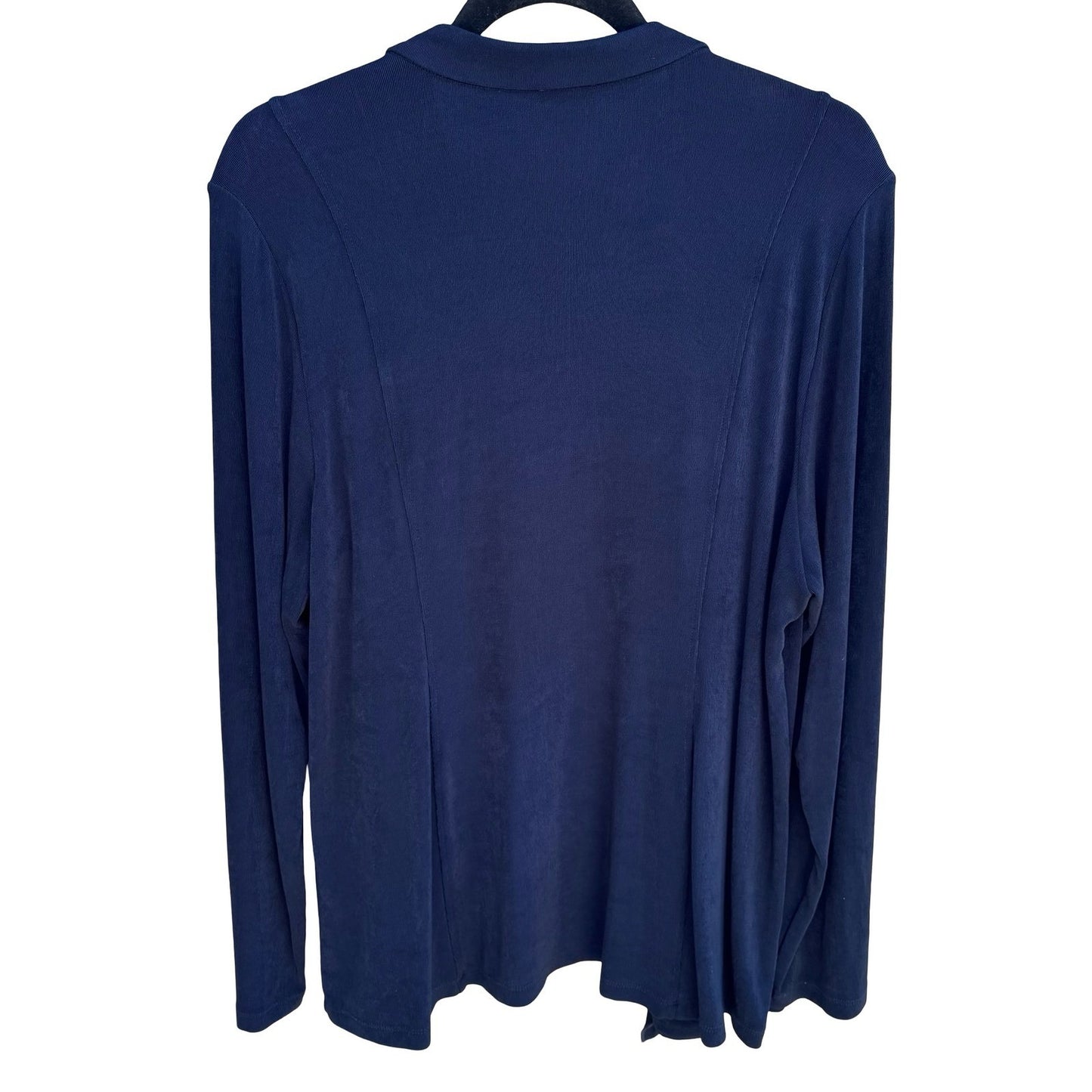 Chicos Travelers Nautical Navy Ruffle Open Front Cardigan Slinky Knit Womens XL