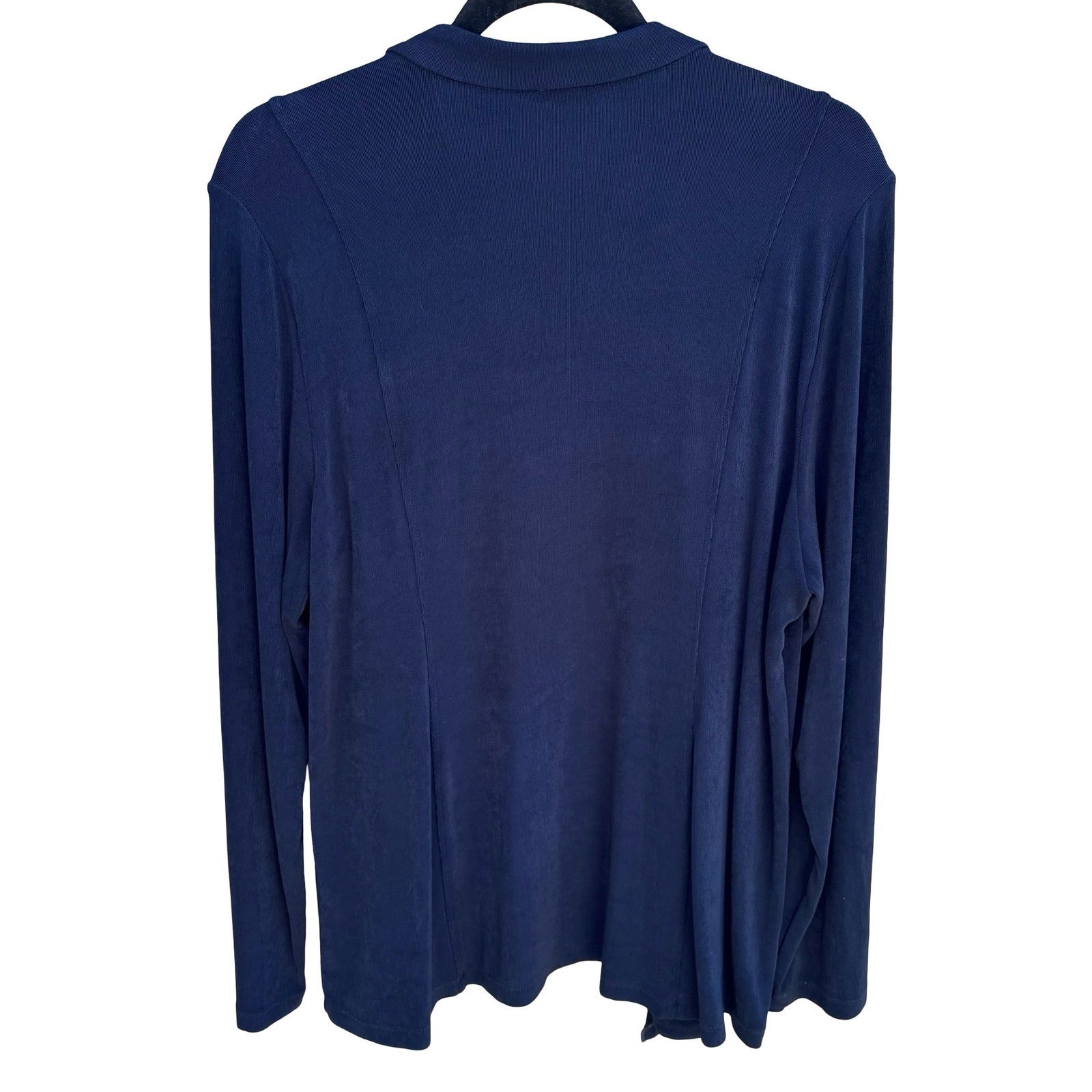Chicos Travelers Nautical Navy Ruffle Open Front Cardigan Slinky Knit Womens XL