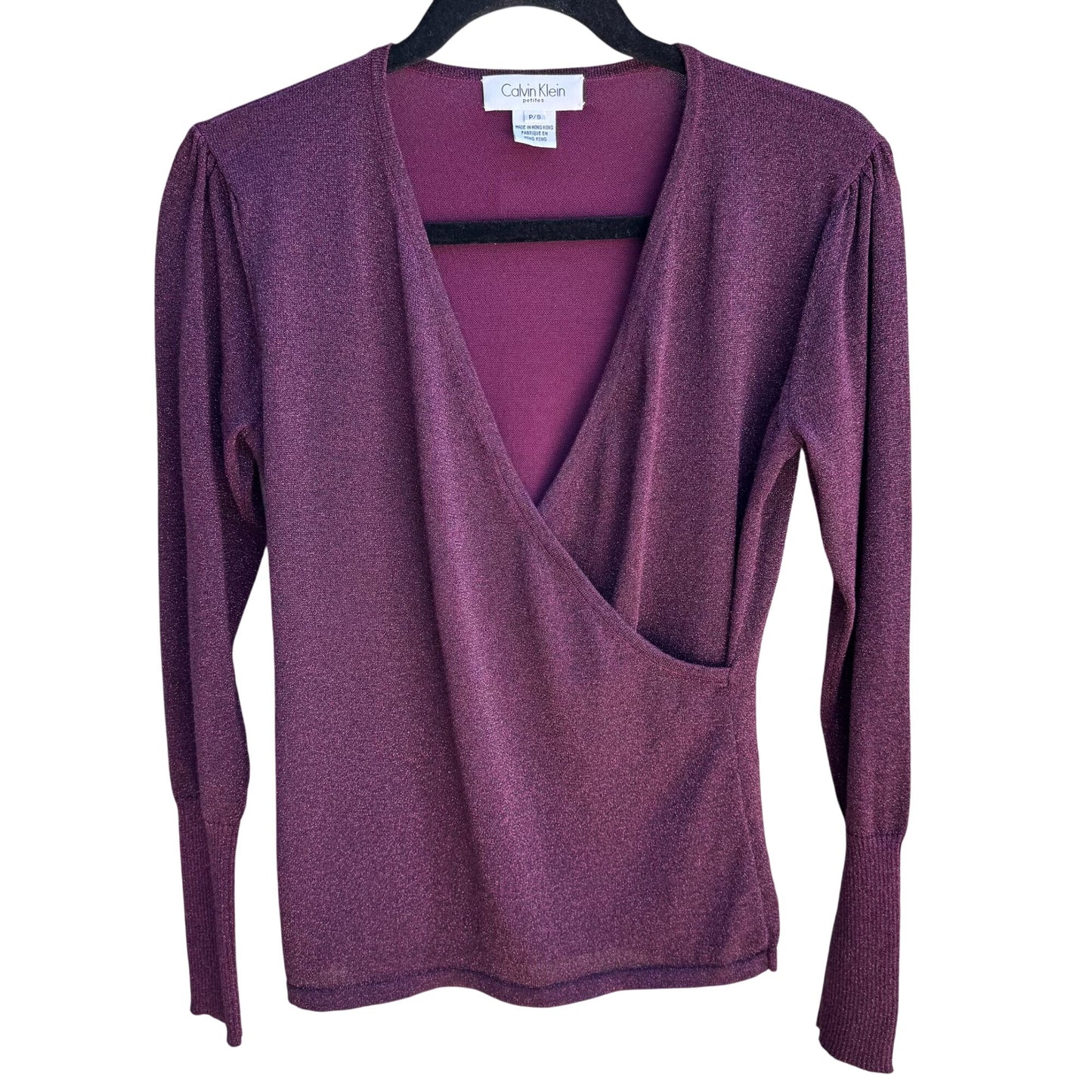 Calvin Klein Petites Womens Deep V Neck Purple Metallic Knit Wrap Blouse Top P/S