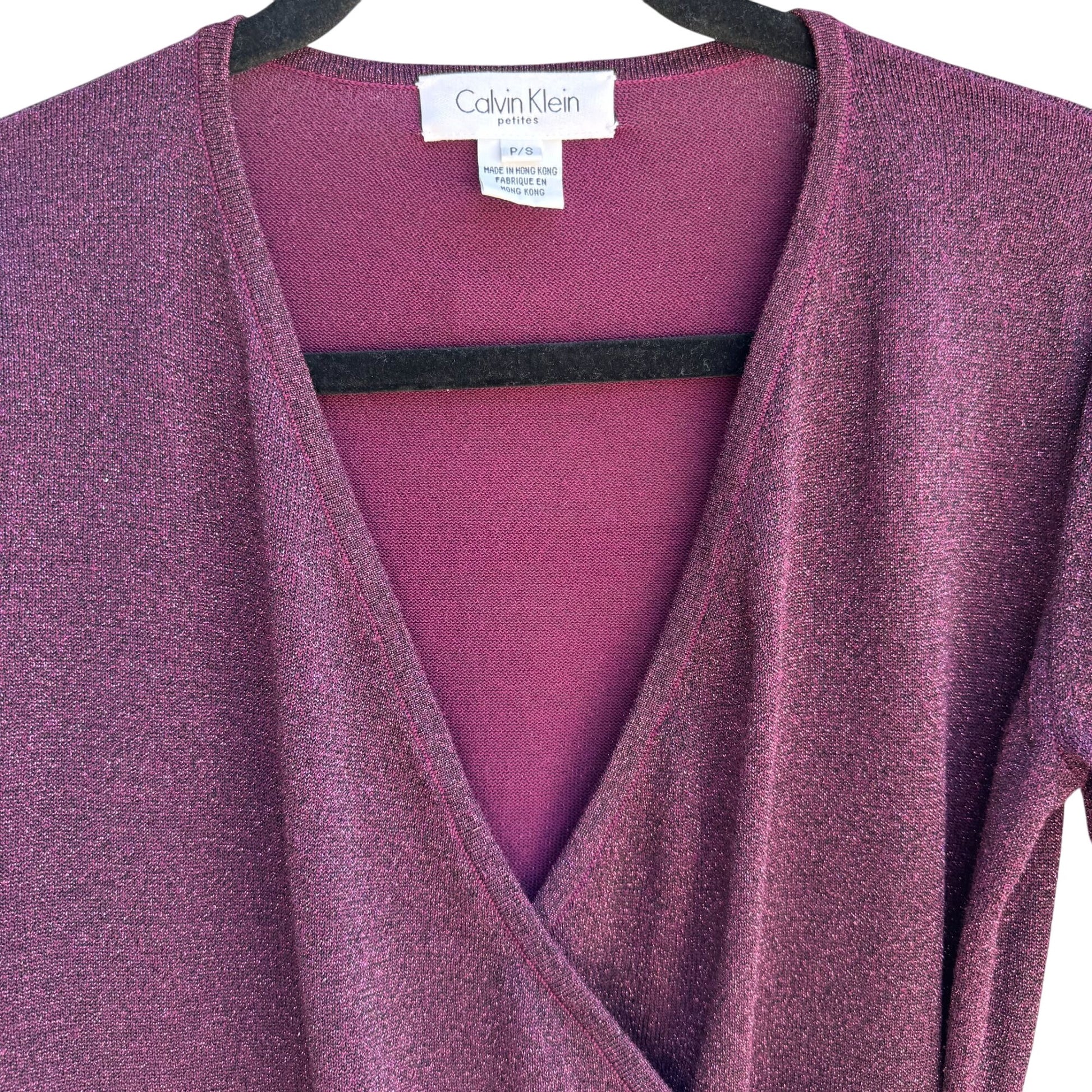 Calvin Klein Petites Womens Deep V Neck Purple Metallic Knit Wrap Blouse Top P/S