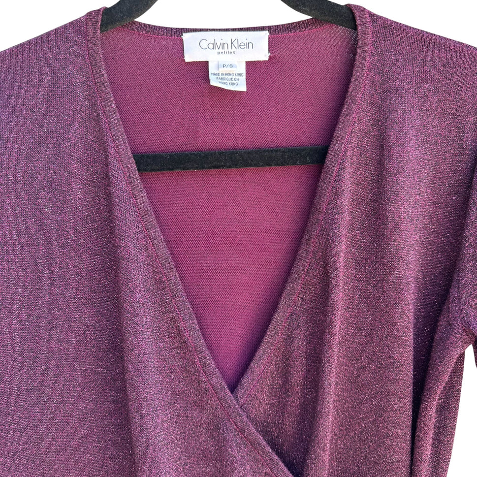 Calvin Klein Petites Womens Deep V Neck Purple Metallic Knit Wrap Blouse Top P/S
