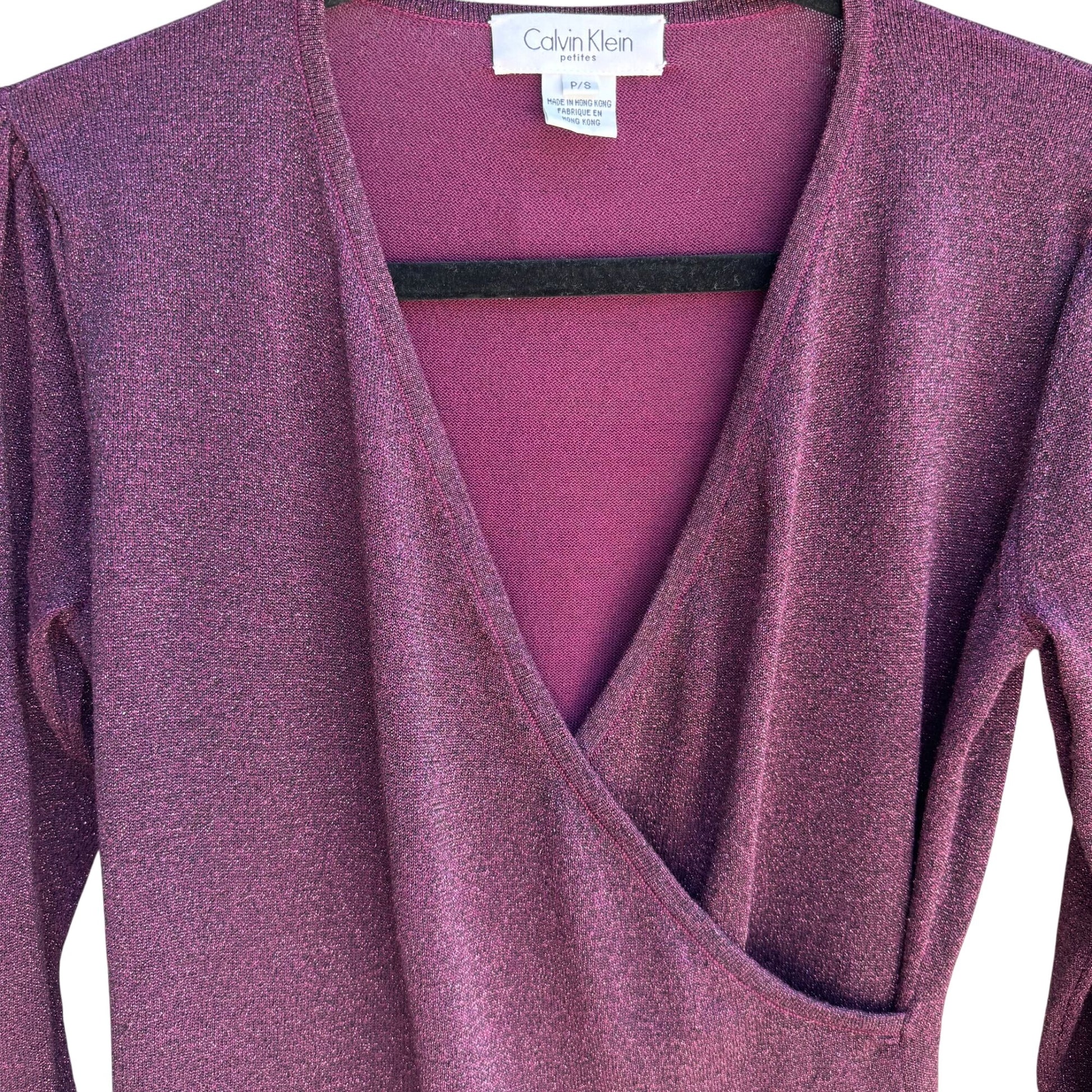 Calvin Klein Petites Womens Deep V Neck Purple Metallic Knit Wrap Blouse Top P/S