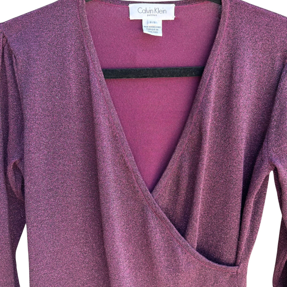 Calvin Klein Petites Womens Deep V Neck Purple Metallic Knit Wrap Blouse Top P/S