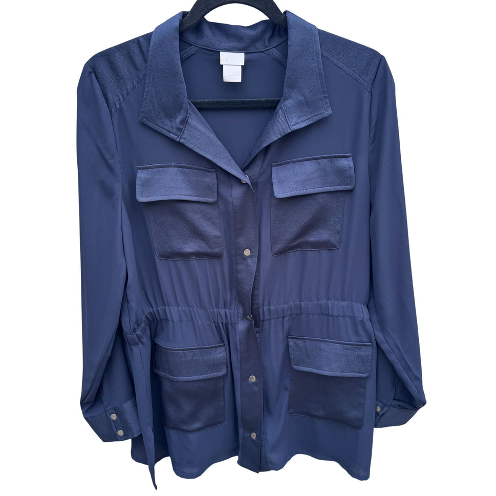 Chicos Navy Button-Down Elastic Waist Utility Shacket Jacket Pockets Womens M