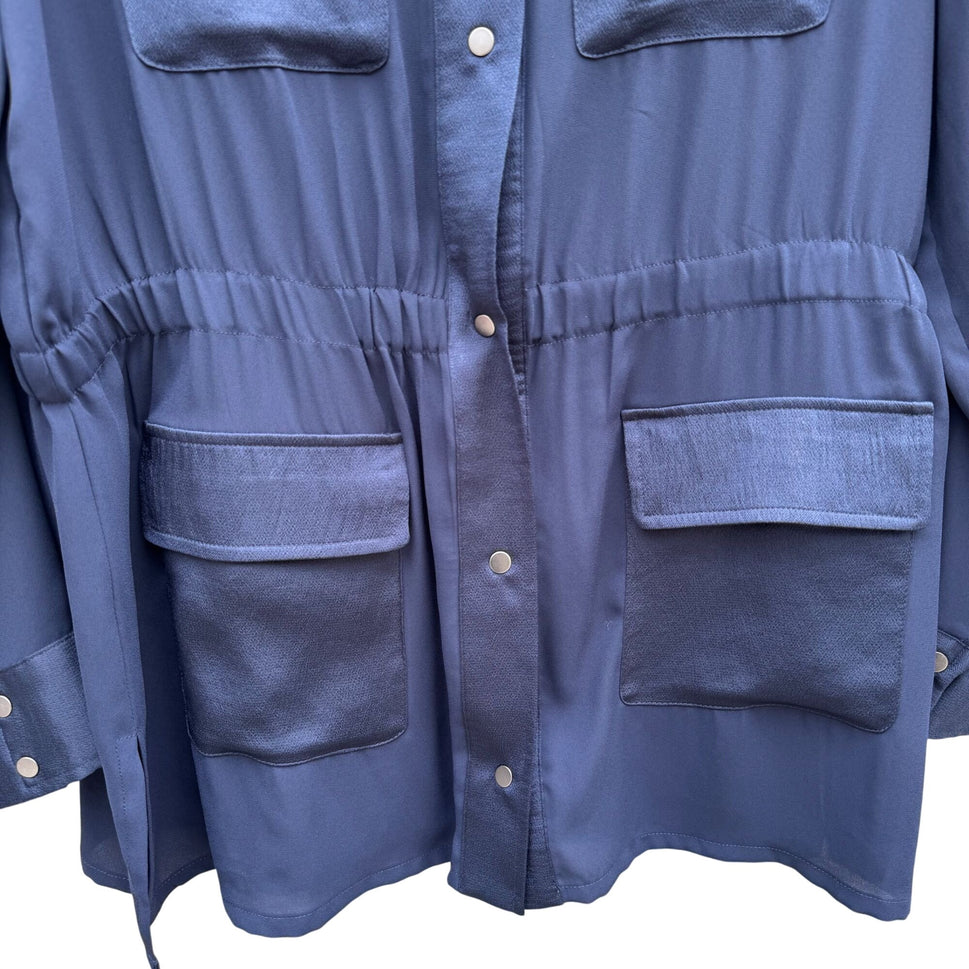 Chicos Navy Button-Down Elastic Waist Utility Shacket Jacket Pockets Womens M