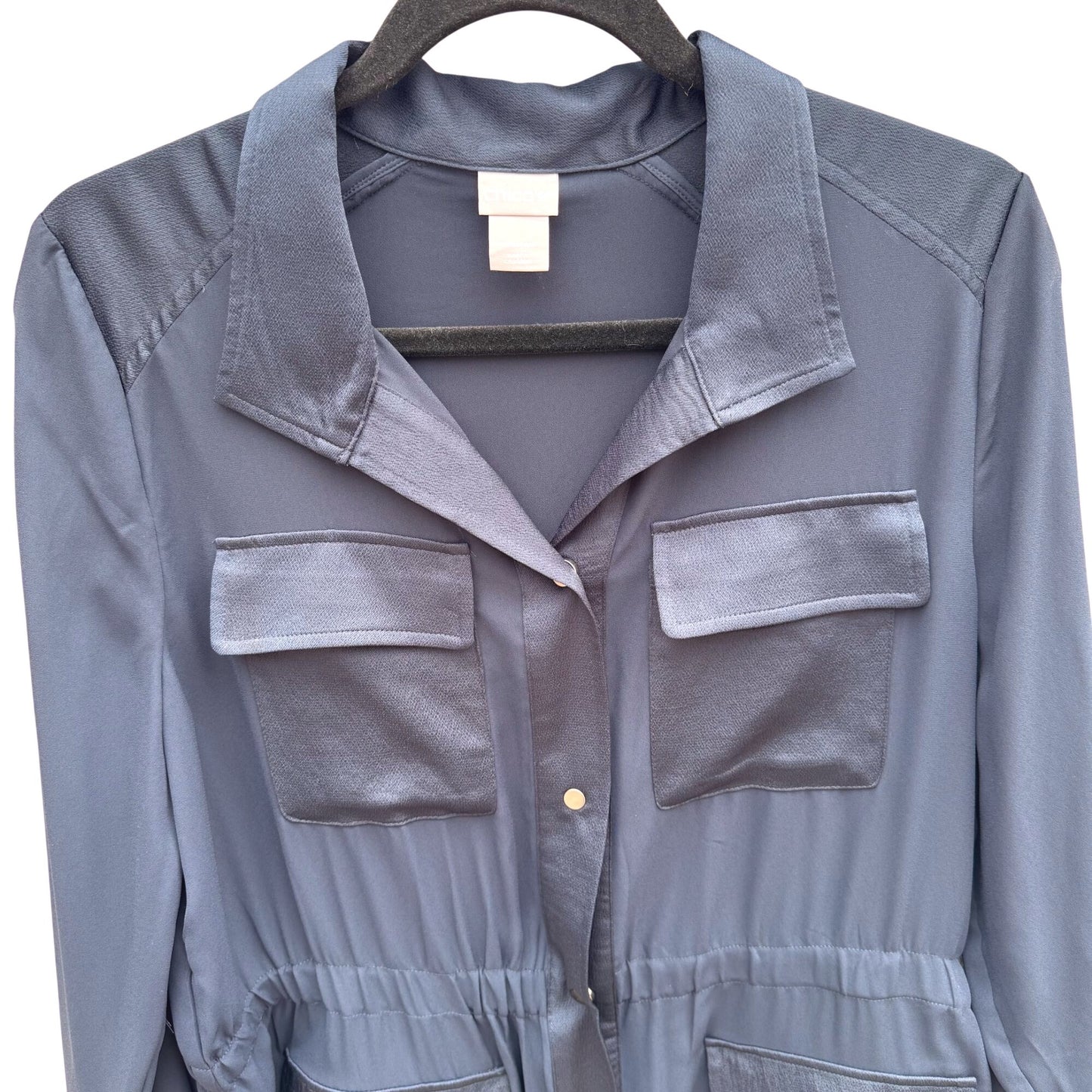 Chicos Navy Button-Down Elastic Waist Utility Shacket Jacket Pockets Womens M