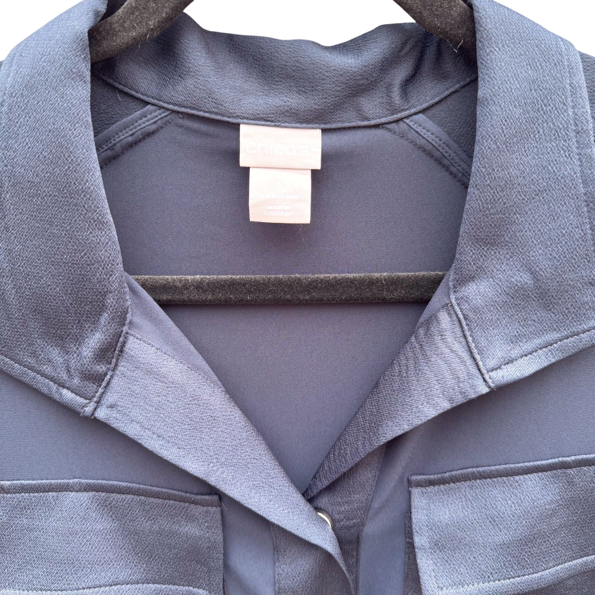 Chicos Navy Button-Down Elastic Waist Utility Shacket Jacket Pockets Womens M