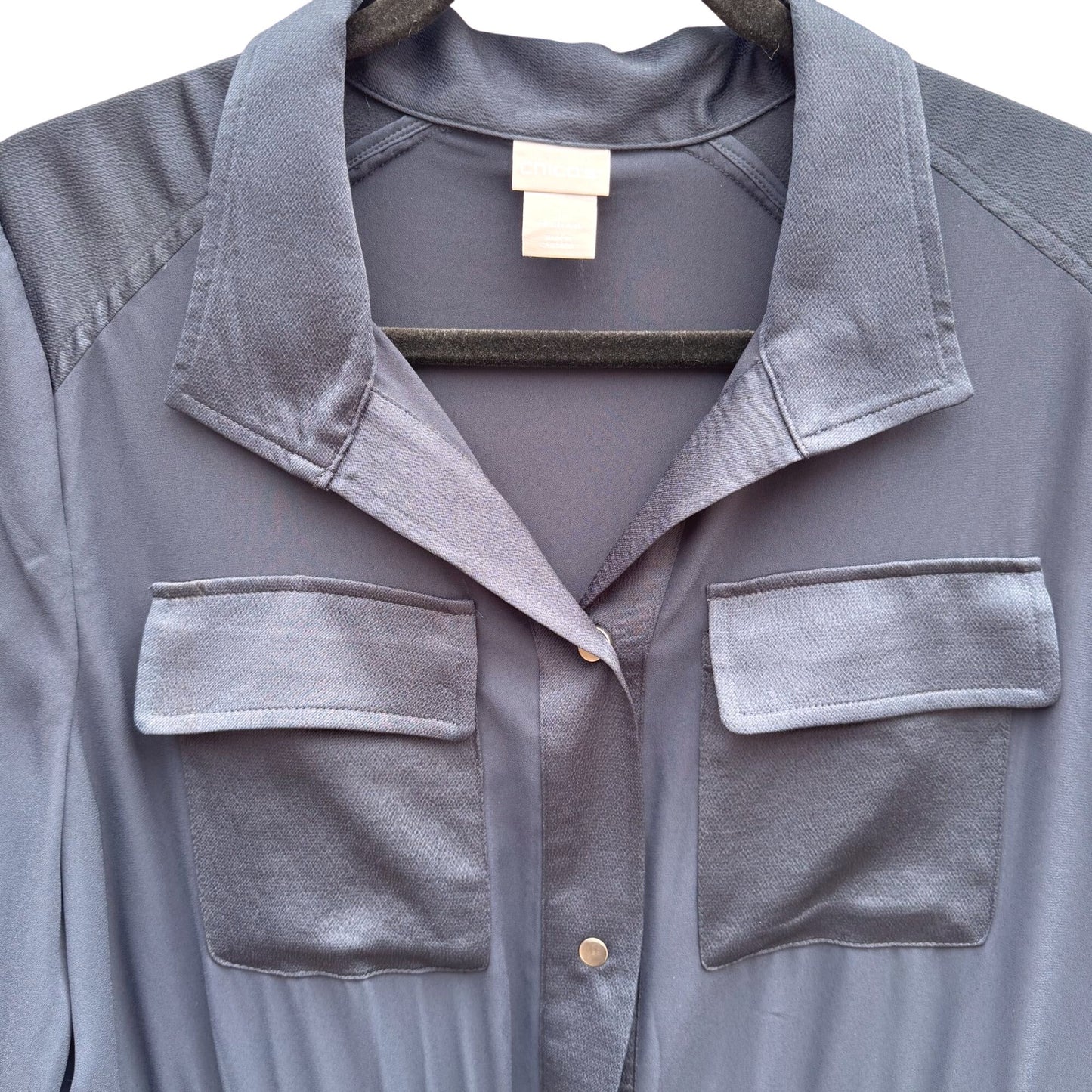 Chicos Navy Button-Down Elastic Waist Utility Shacket Jacket Pockets Womens M