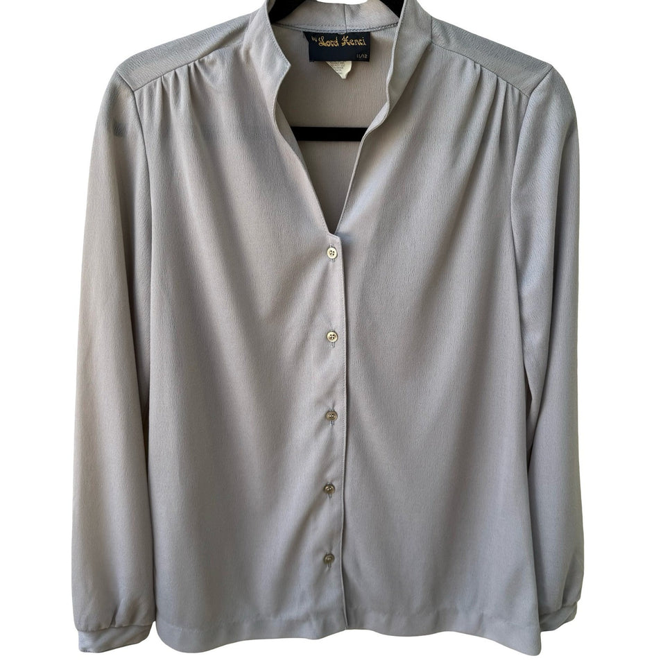 Lord Henri Vintage 70s 80s Secretary Minimalist Blouse Stand Collar Pleated L