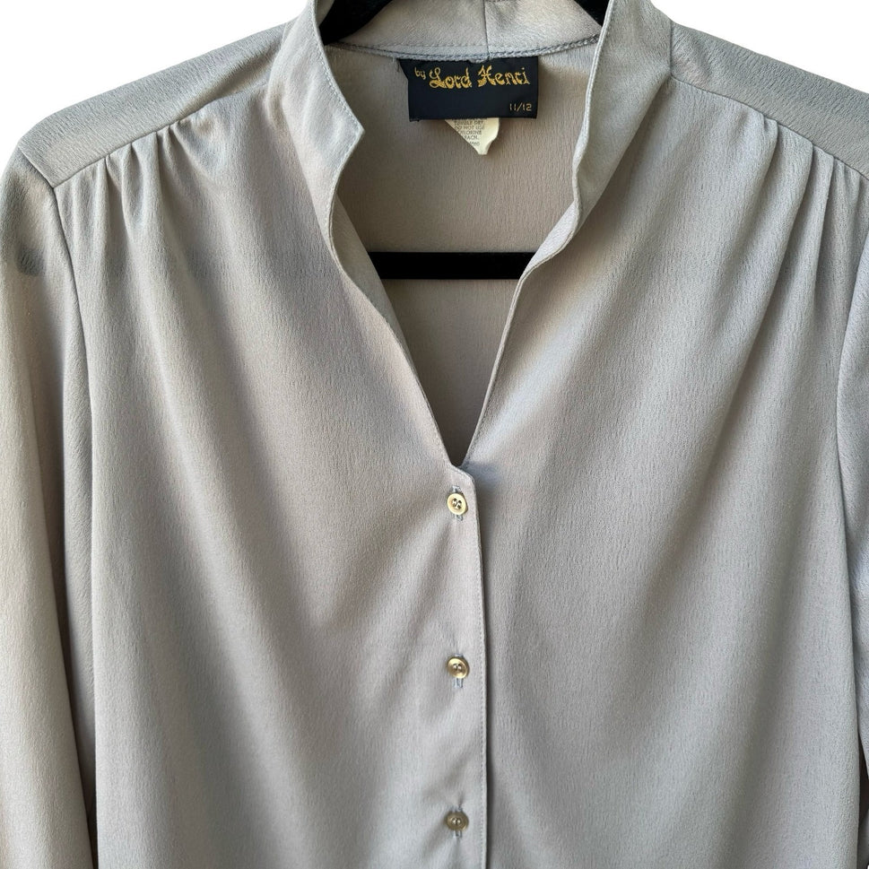 Lord Henri Vintage 70s 80s Secretary Minimalist Blouse Stand Collar Pleated L
