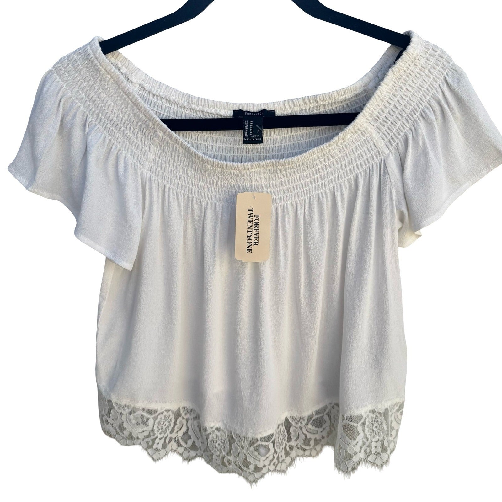 Forever 21 Cream Off the Shoulder Smocked Lace Trim Boho Coquette Top Medium NWT