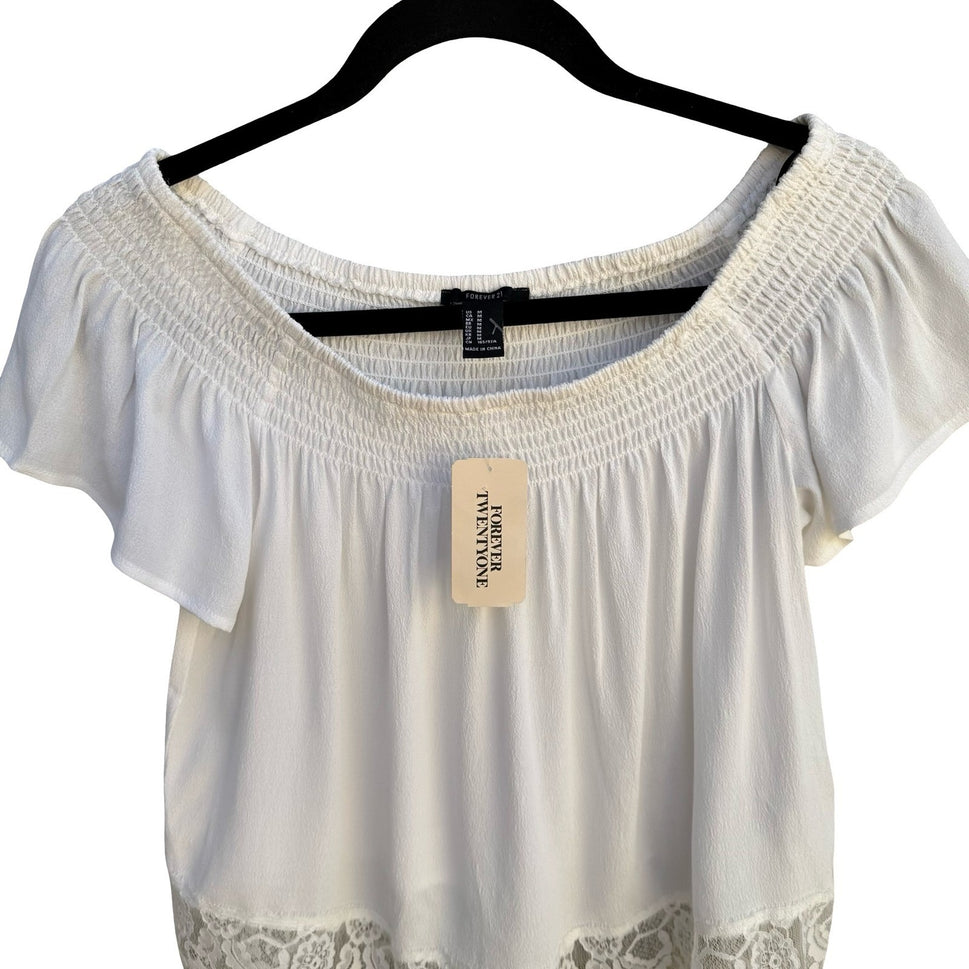 Forever 21 Cream Off the Shoulder Smocked Lace Trim Boho Coquette Top Medium NWT