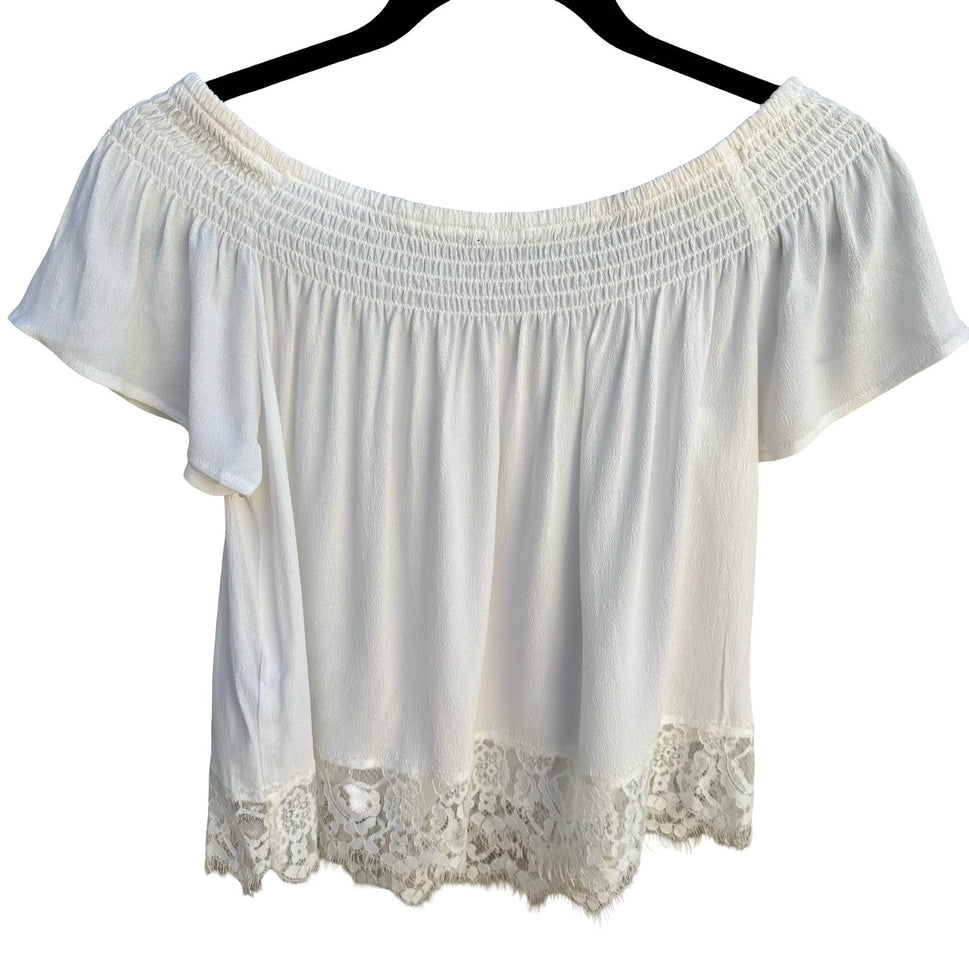 Forever 21 Cream Off the Shoulder Smocked Lace Trim Boho Coquette Top Medium NWT