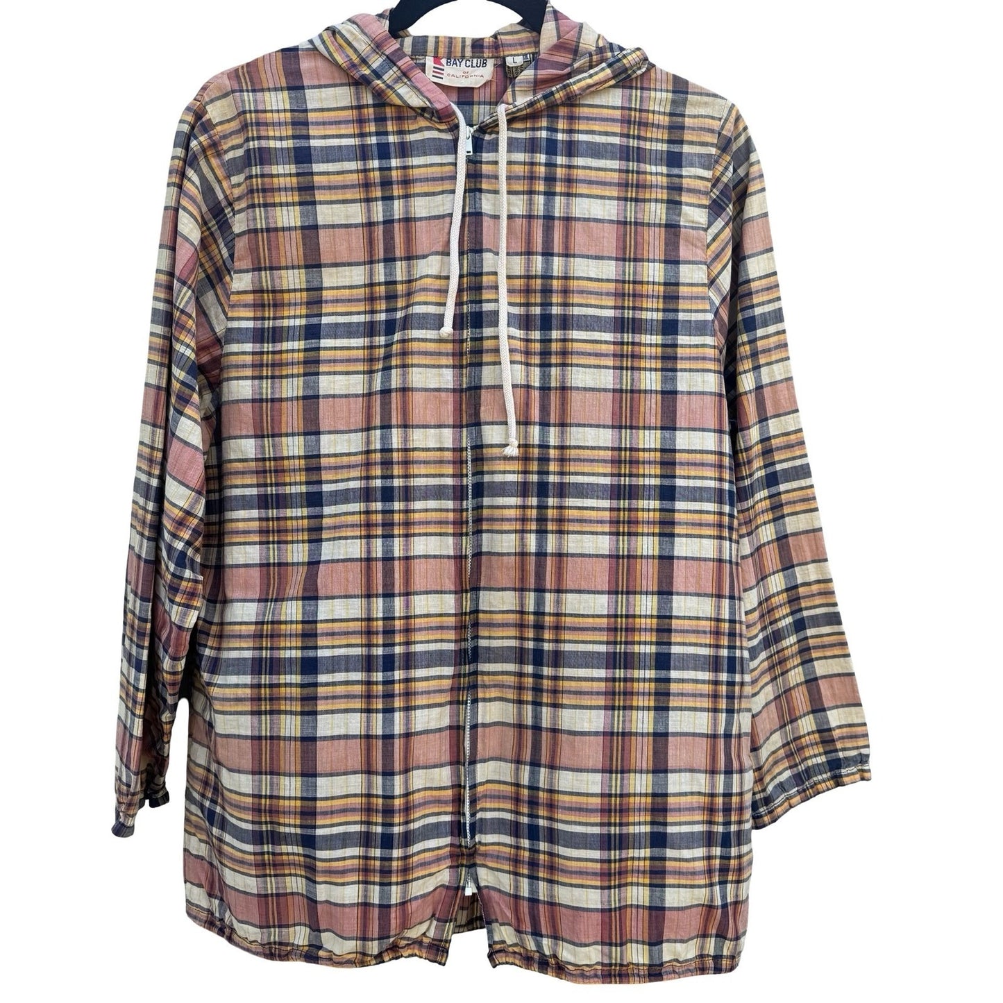 Bay Club California Vintage 60s 70s Plaid Zip Hooded Madras Windbreaker Jacket L