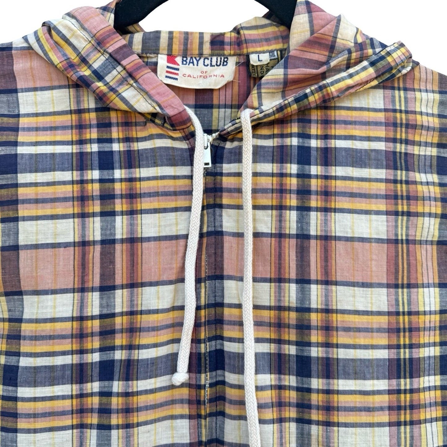 Bay Club California Vintage 60s 70s Plaid Zip Hooded Madras Windbreaker Jacket L
