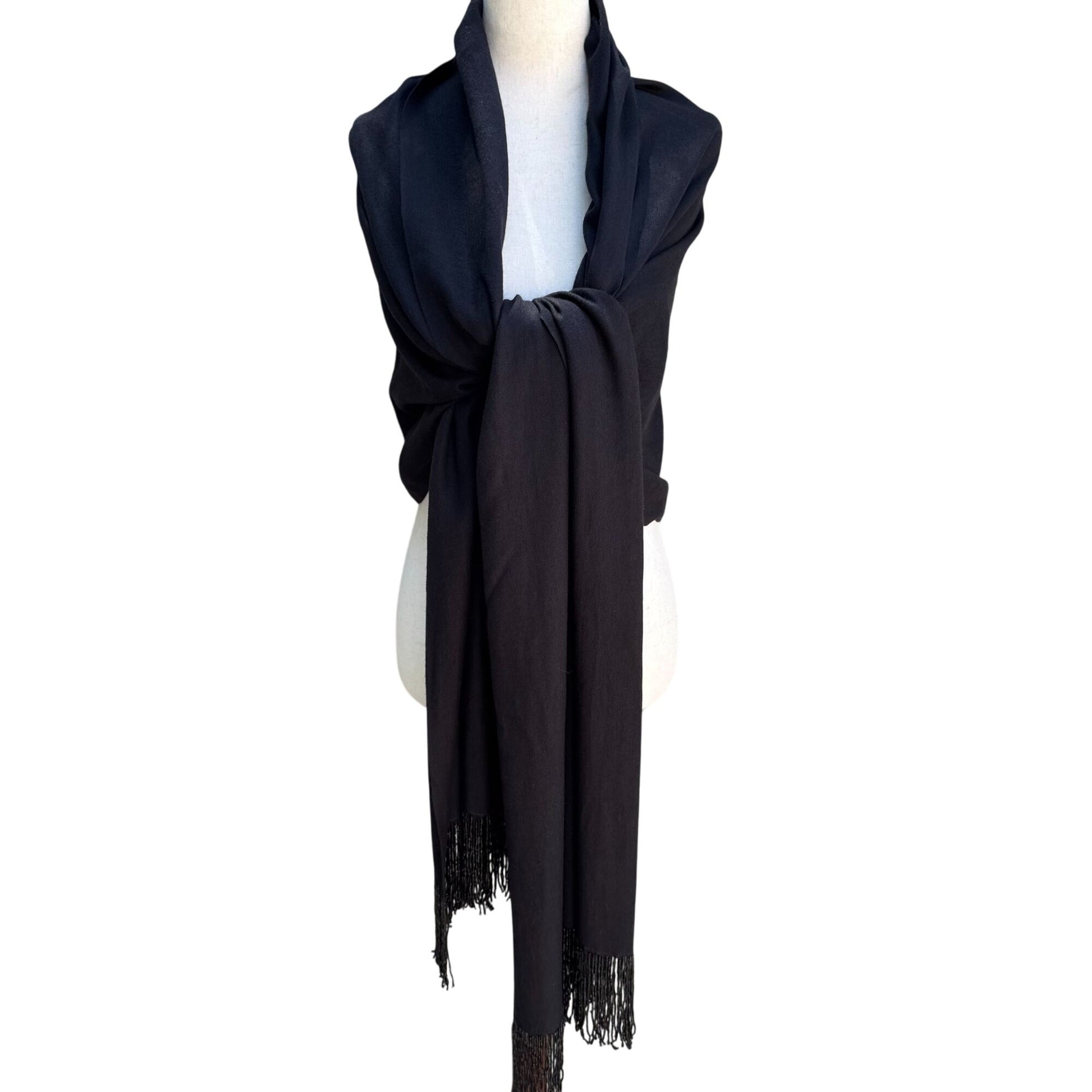 Elegant Womens Black Pashmina Beaded Fringe Large Rectangle Scarf Wrap Coverup