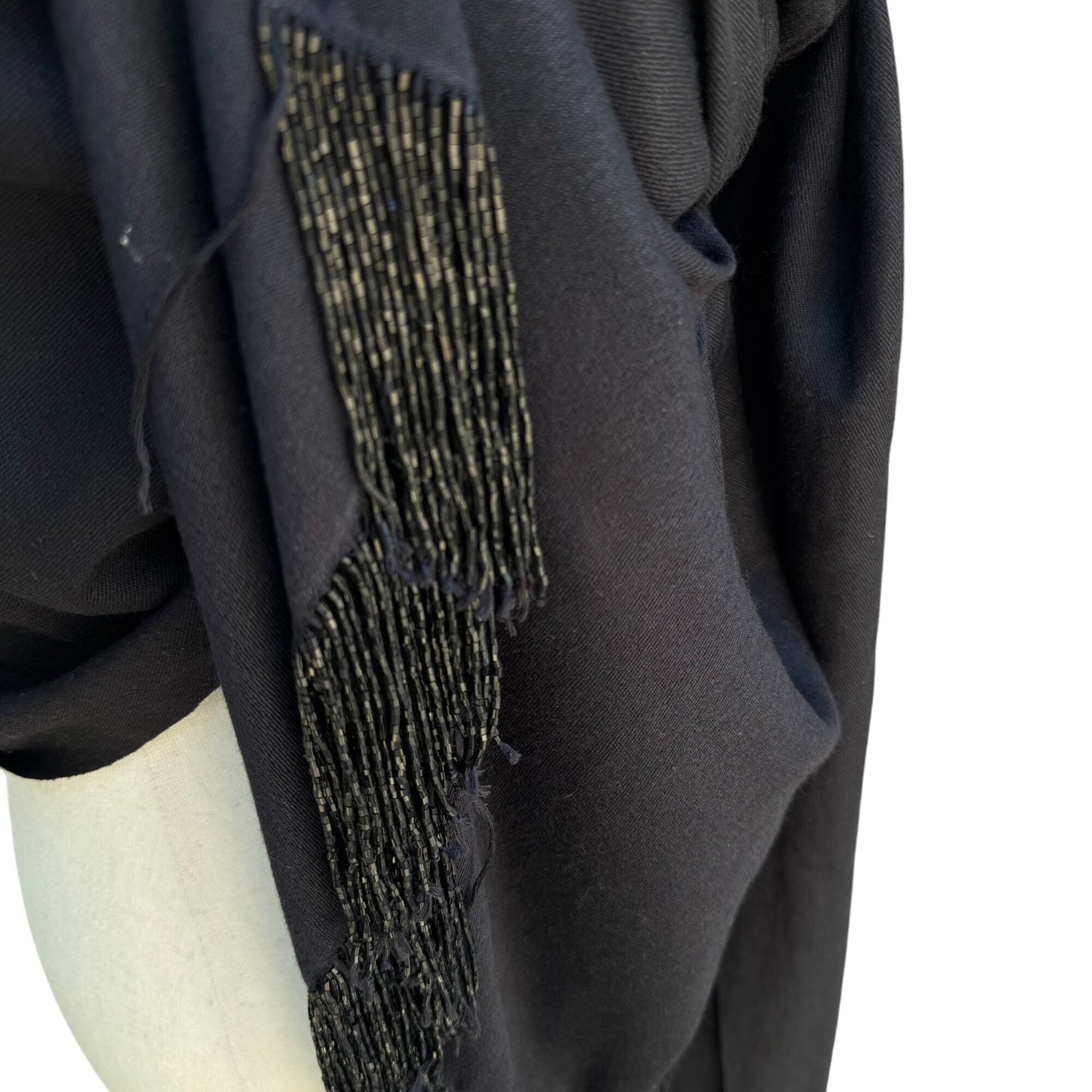 Elegant Womens Black Pashmina Beaded Fringe Large Rectangle Scarf Wrap Coverup