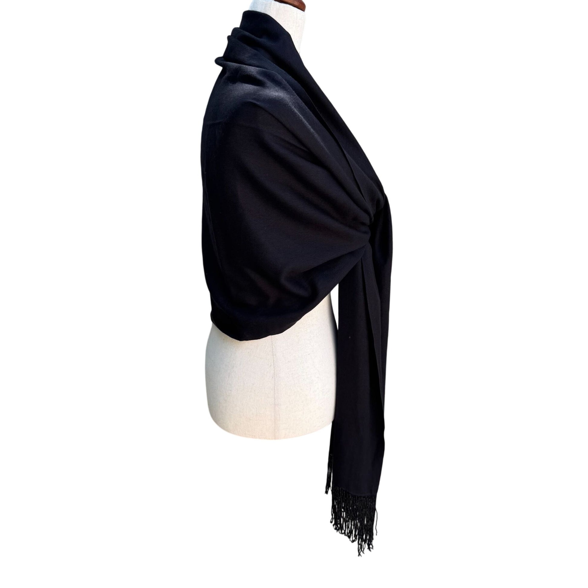 Elegant Womens Black Pashmina Beaded Fringe Large Rectangle Scarf Wrap Coverup