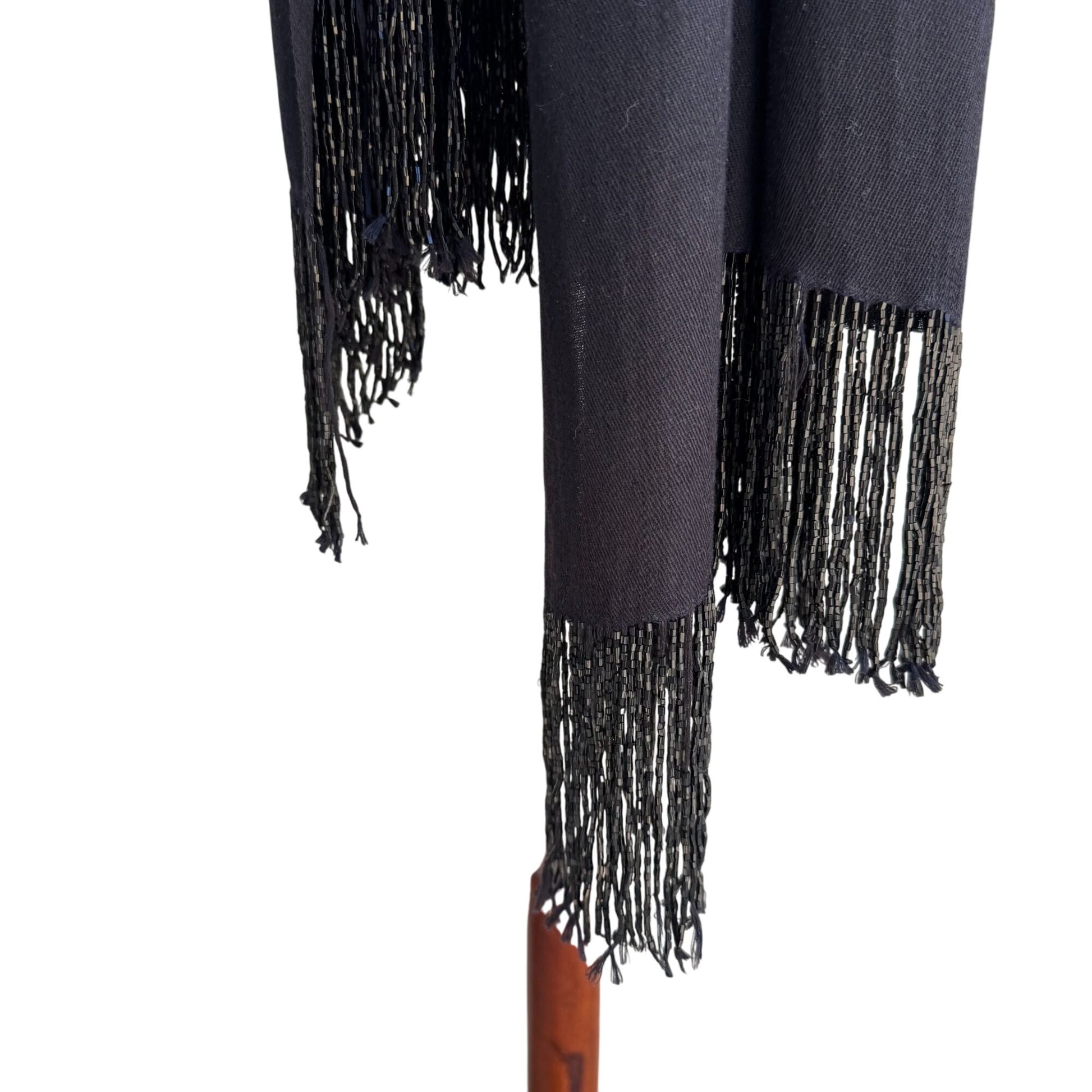 Elegant Womens Black Pashmina Beaded Fringe Large Rectangle Scarf Wrap Coverup