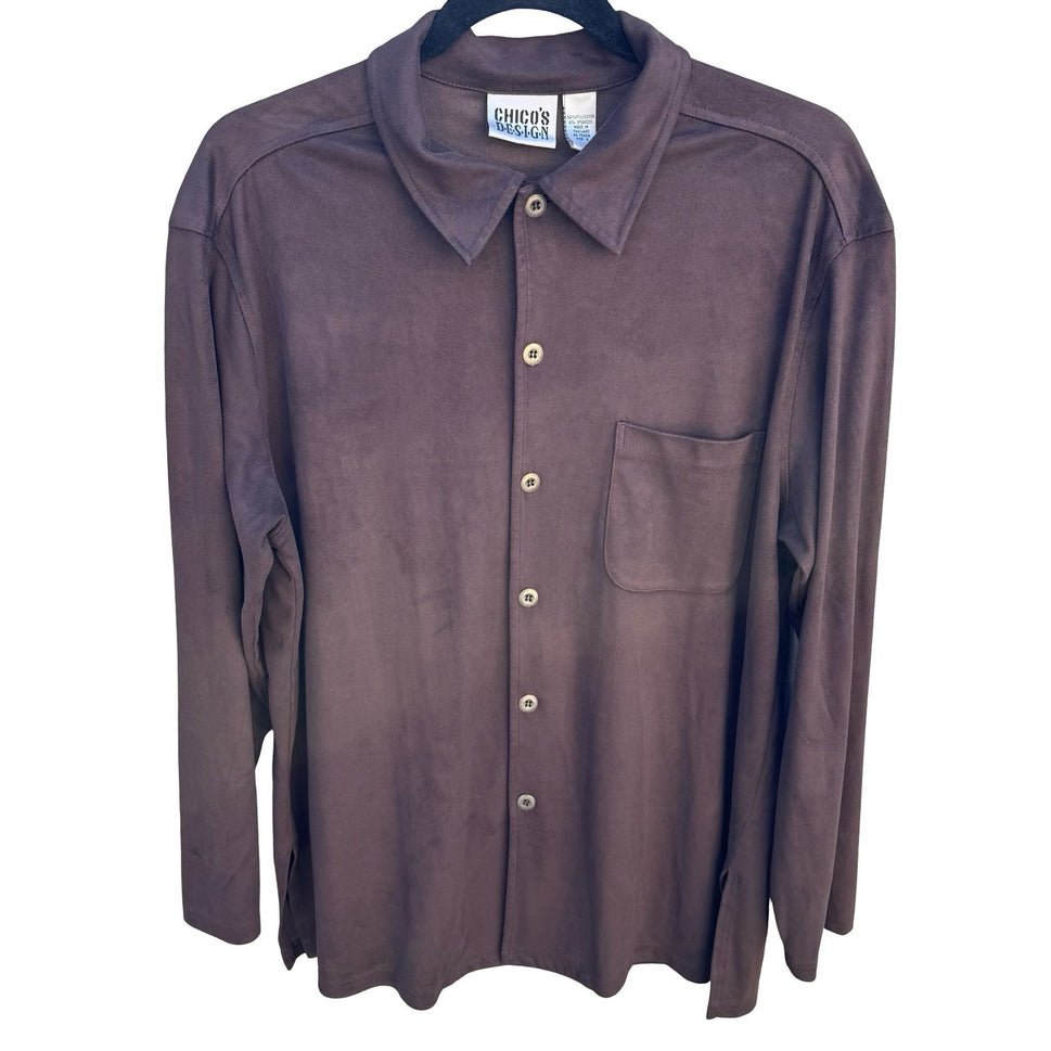 Chicos Design Womens Faux Suede Button Down Shirt Brown Long Sleeve Size 2 Large