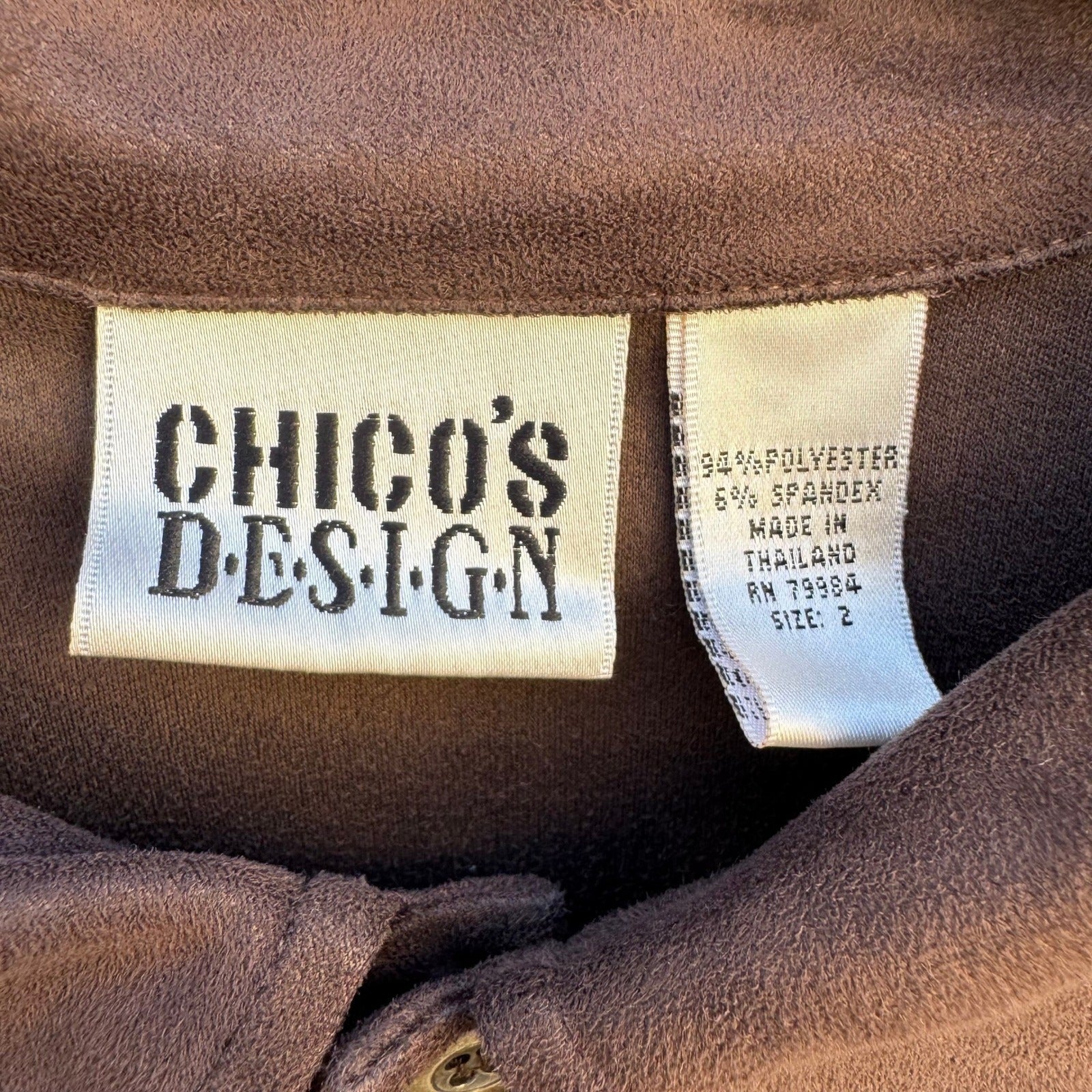Chicos Design Womens Faux Suede Button Down Shirt Brown Long Sleeve Size 2 Large