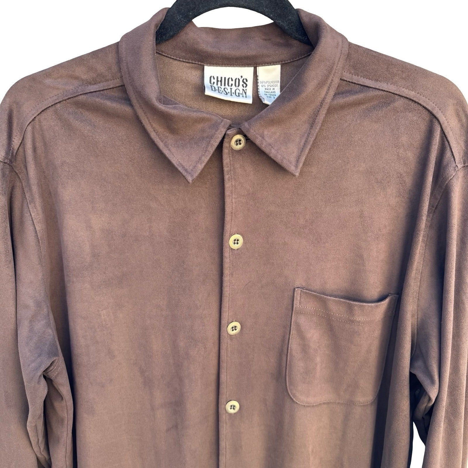 Chicos Design Womens Faux Suede Button Down Shirt Brown Long Sleeve Size 2 Large